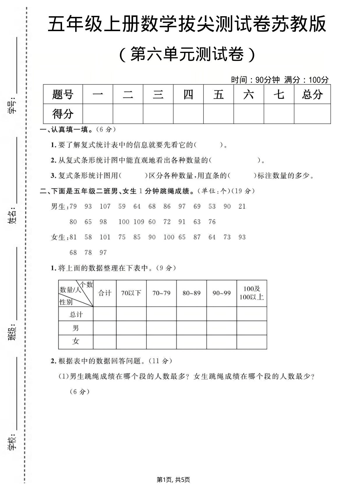 五年级上册数学第六单元测试卷《苏教版》