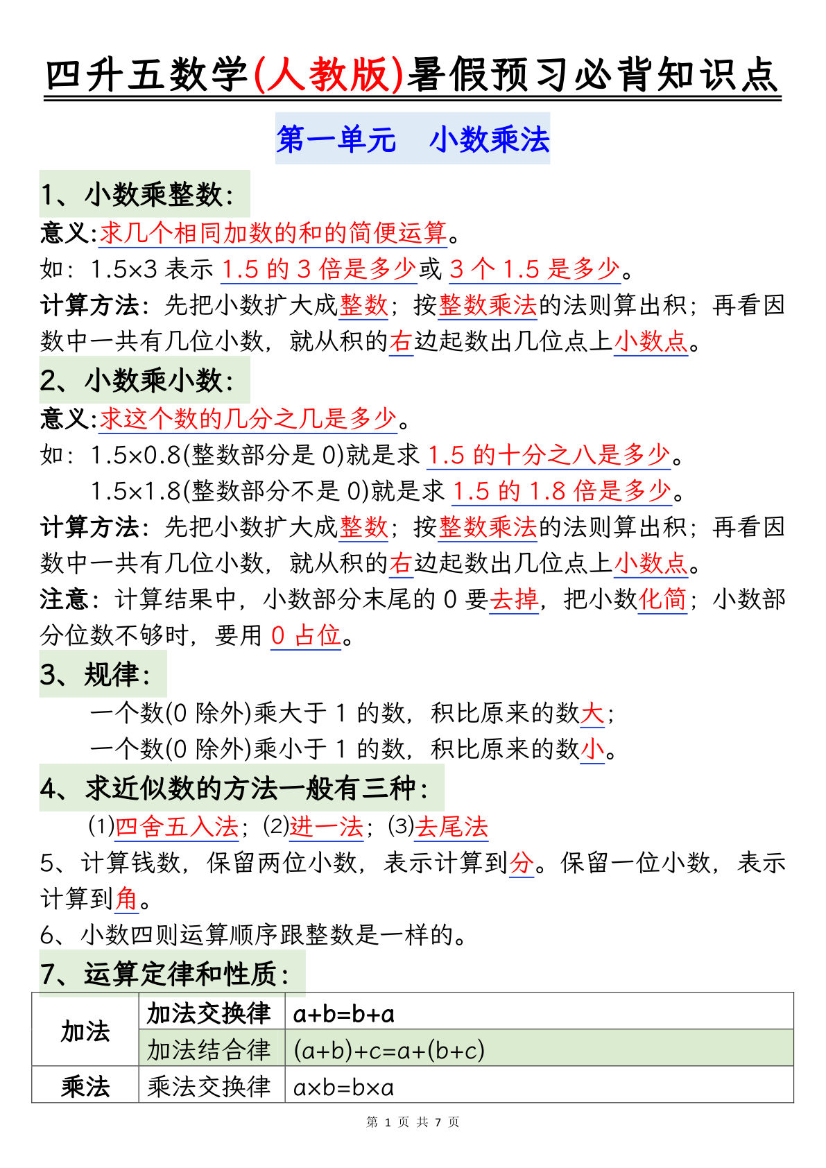 五年级上册数学必背知识点