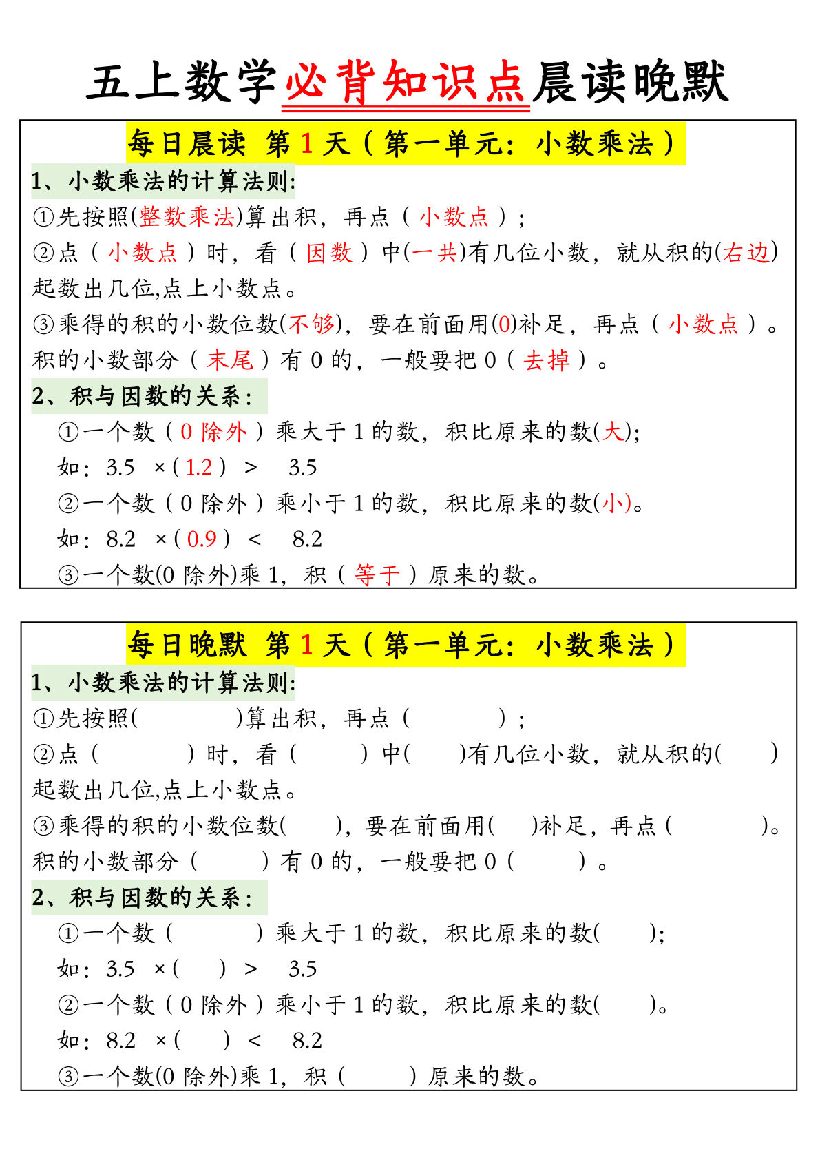 五年级上册人教版数学【晨读晚默必背知识点】