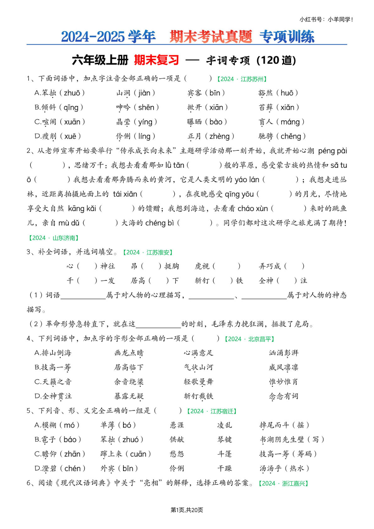 六年级上册期末专项练习&mdash;字词选择题(空白)