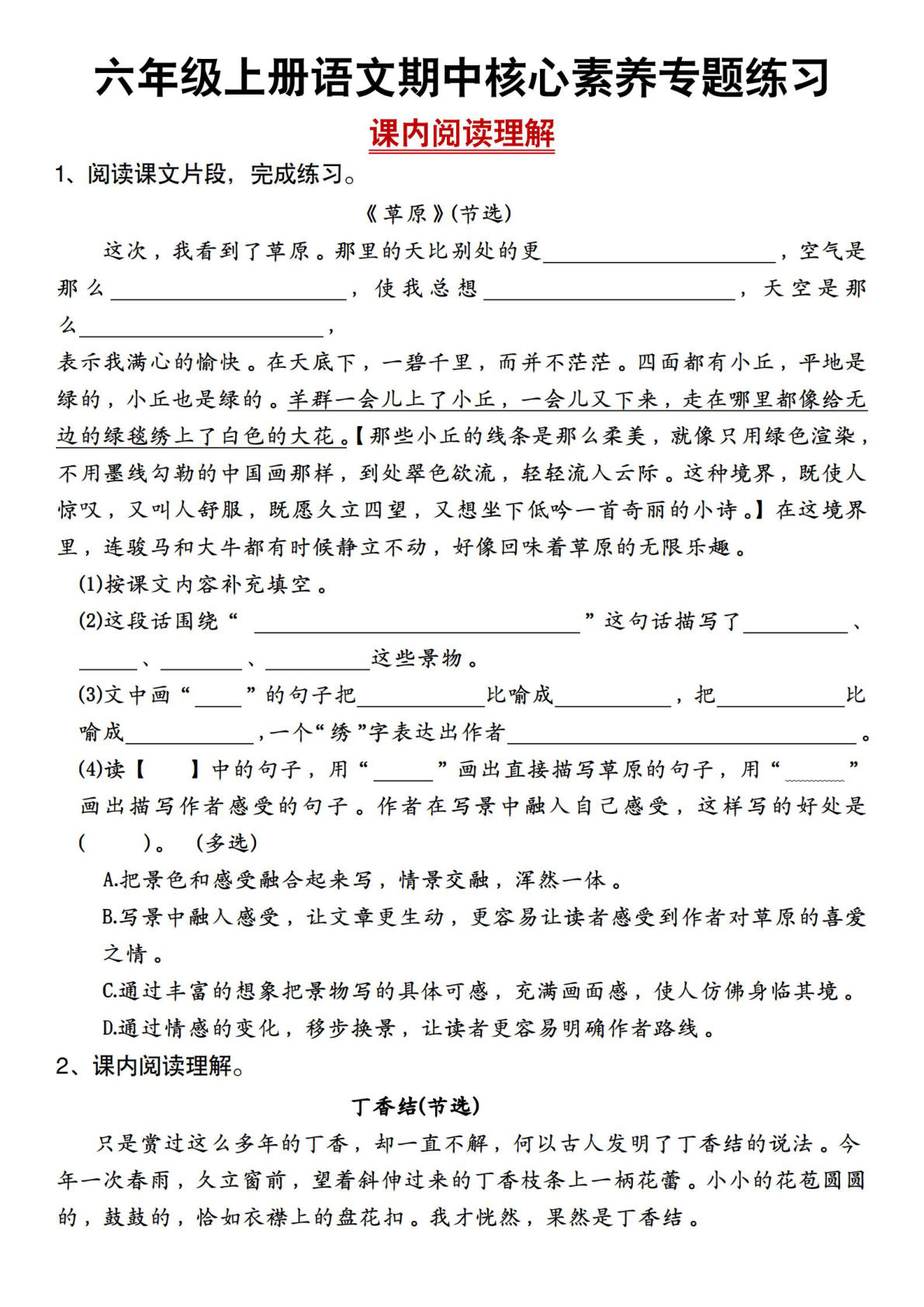 六年级上册期中核心素养专题练习课内阅读理解