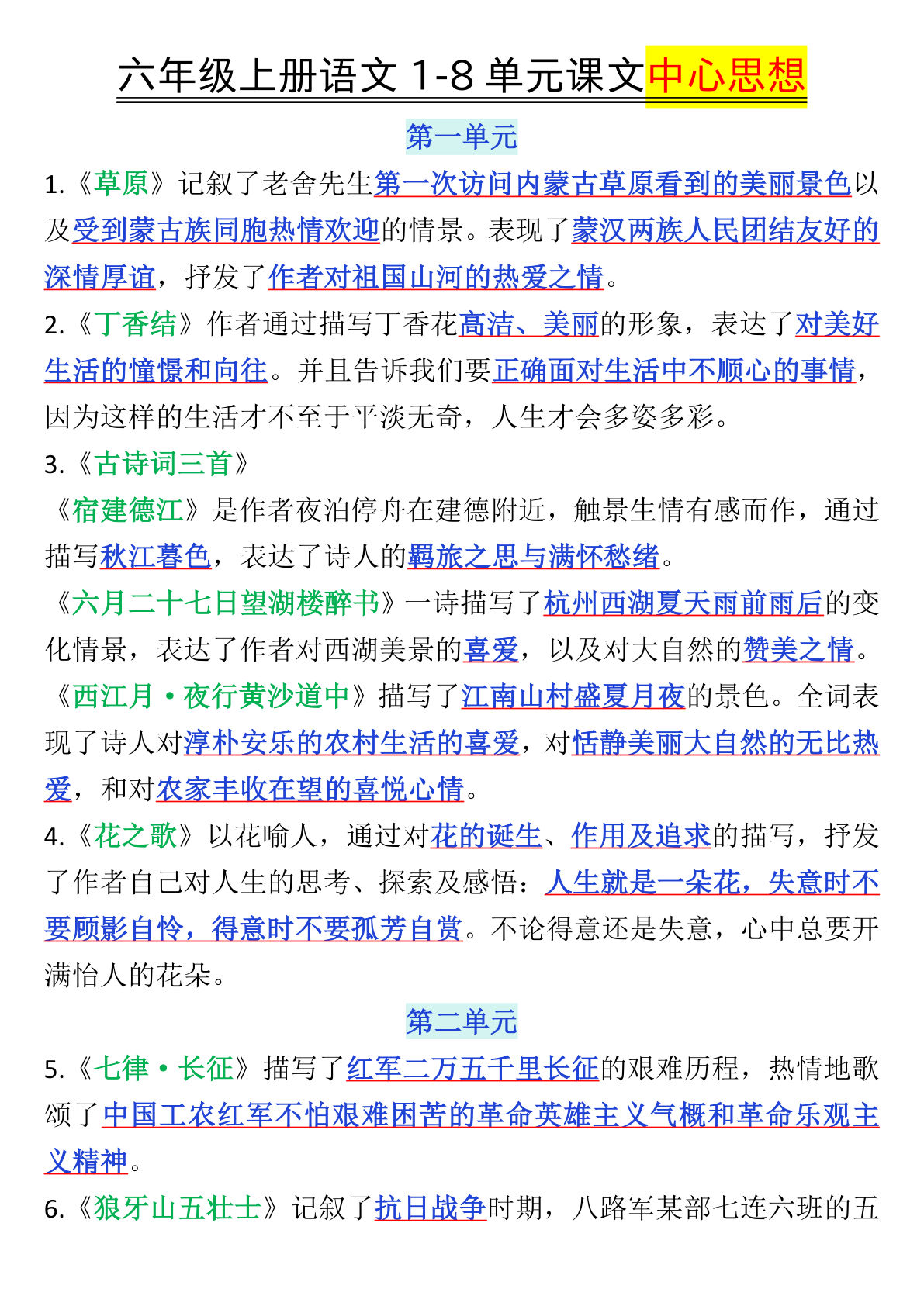 六年级上册语文1-8单元课文中心思想