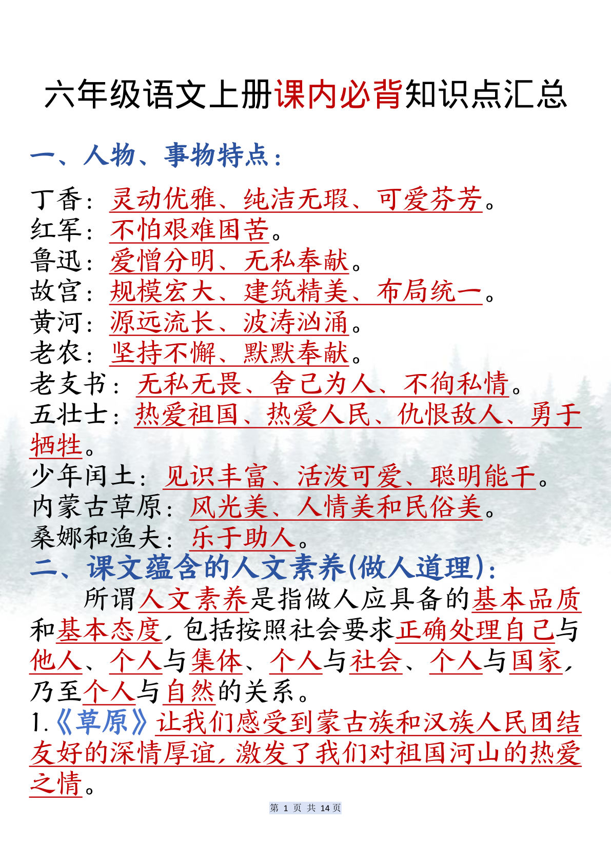 六年级上册语文课内必背知识点汇总