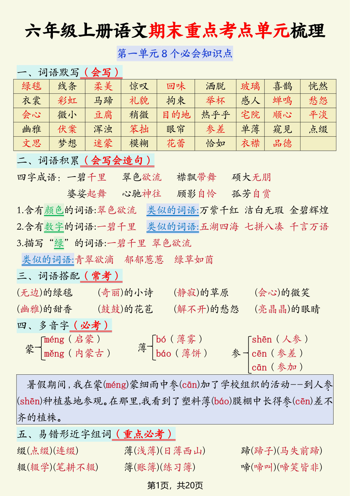 六年级上册语文期末重点考点1-8单元梳理