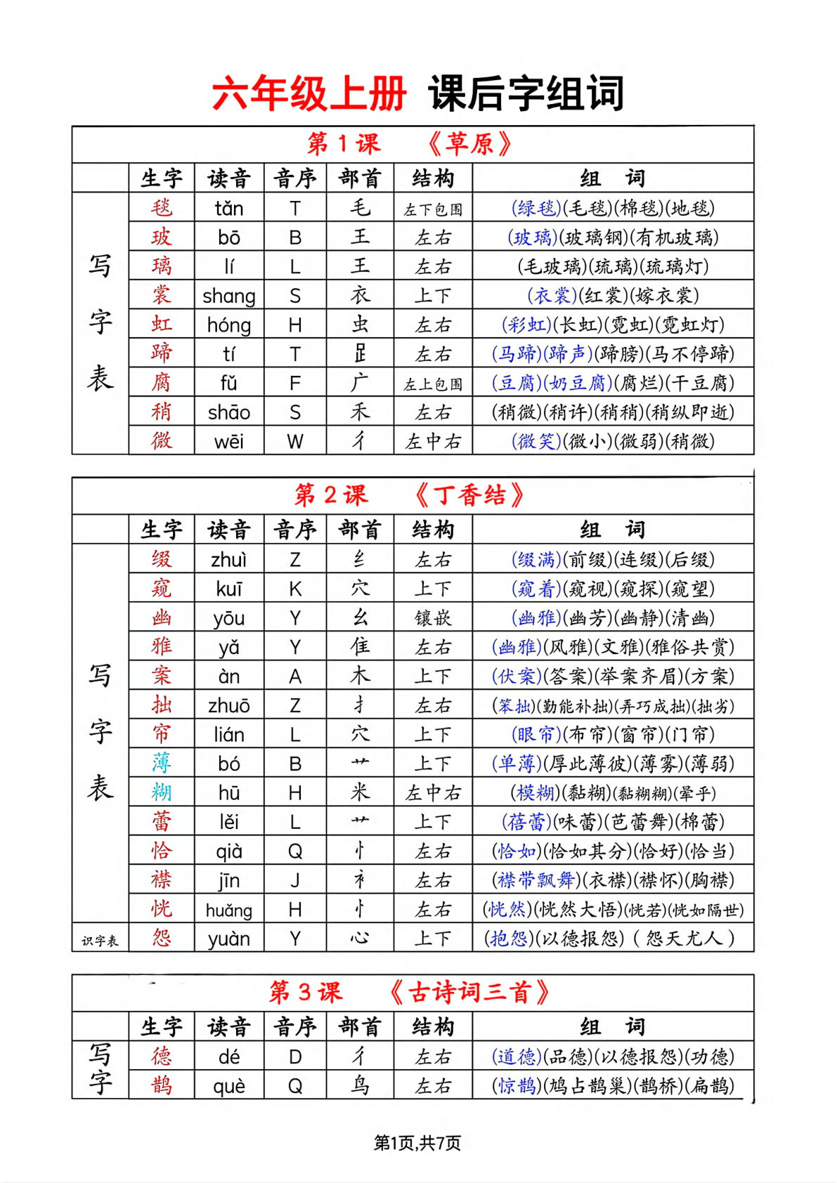 六年级上册语文【生字组词课课贴】