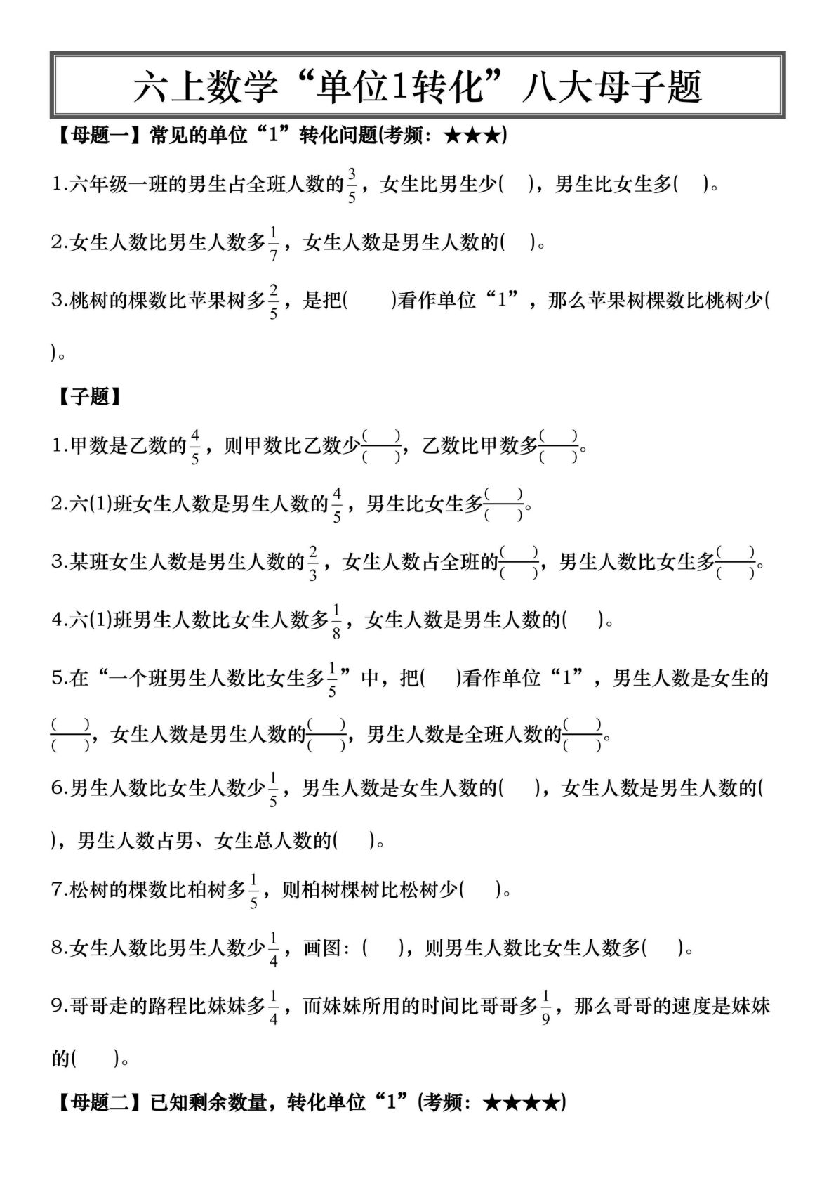 六年级上册数学&ldquo;单位1转化&rdquo;八大母子题（空白16页）