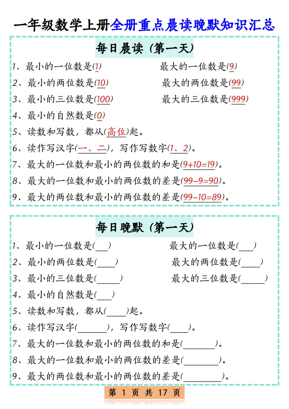 一年级上册通用版数学【全册重点晨读晚默知识汇总17天】