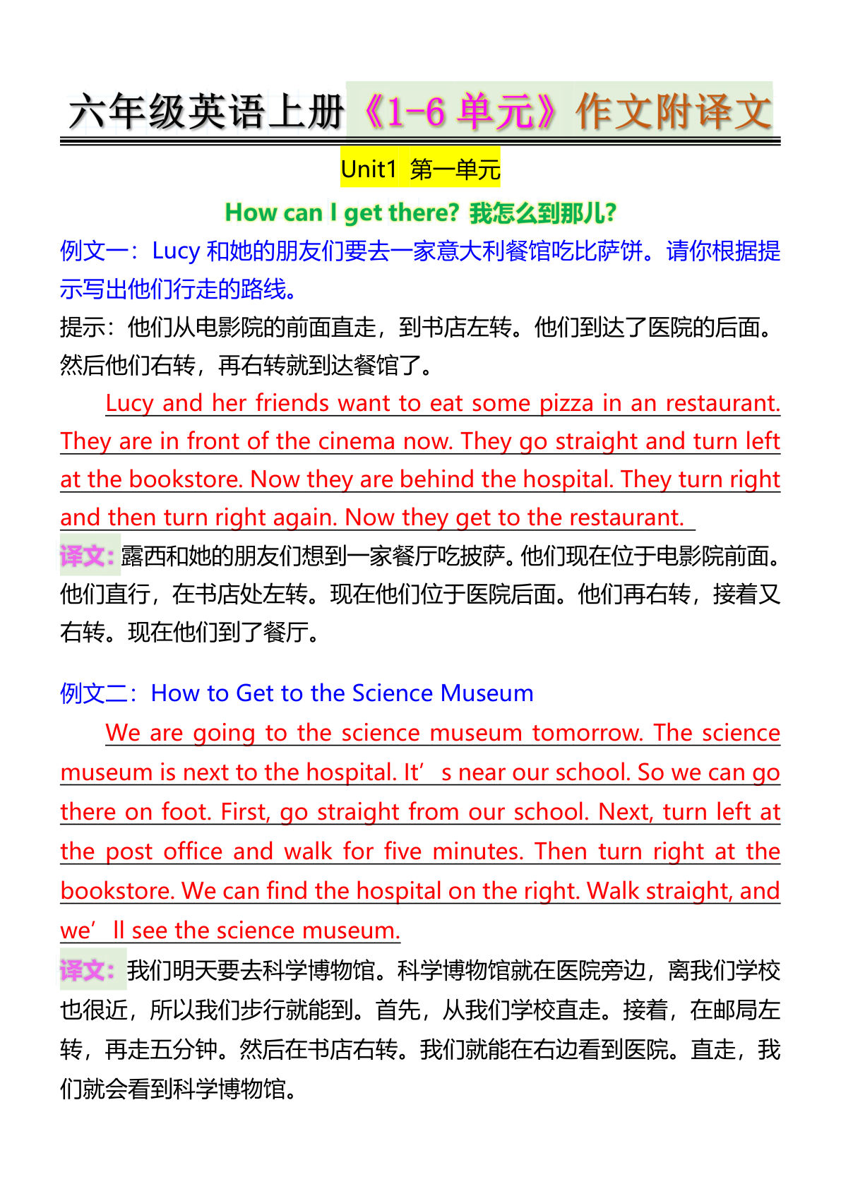 六年级英语上册《1-6单元》作文附译文