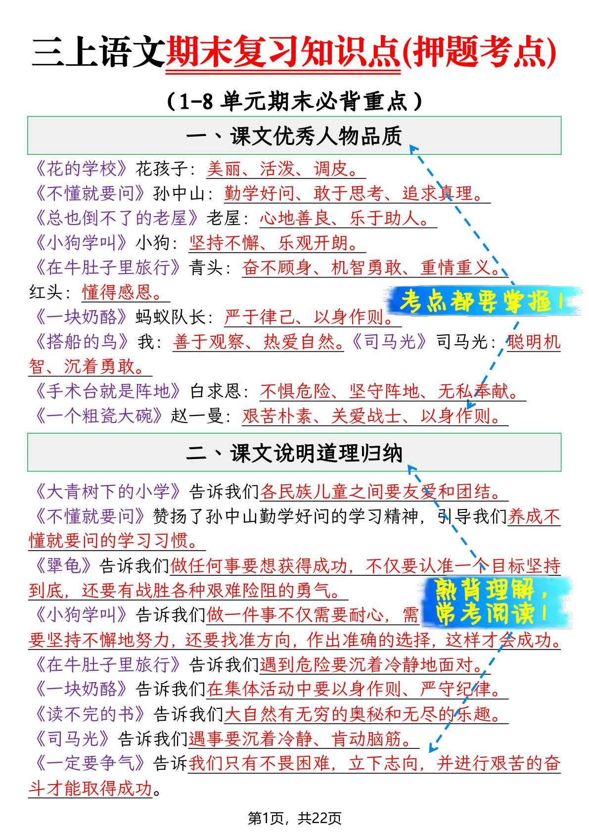 【25秋三年级上册语文期末复习知识点(押题考点)22页