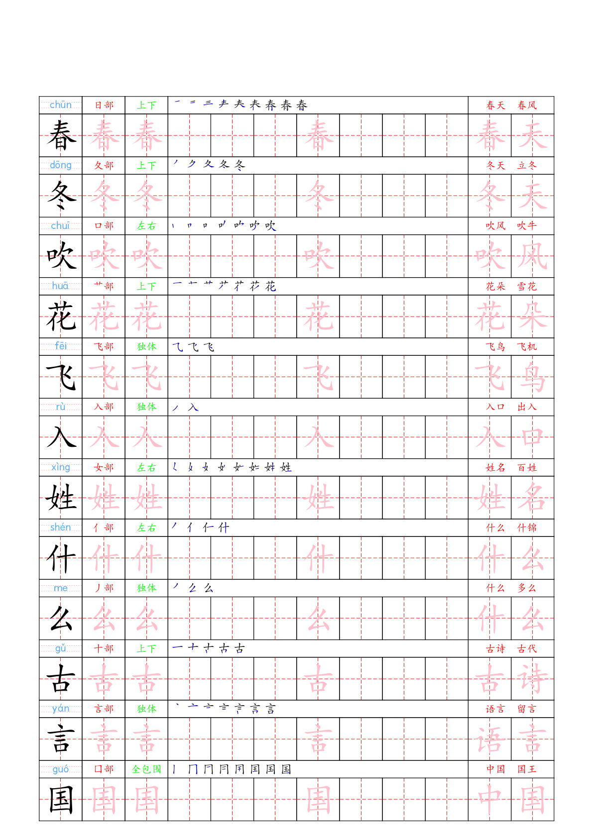 （新版）一年级下册语文写字表一类字贴