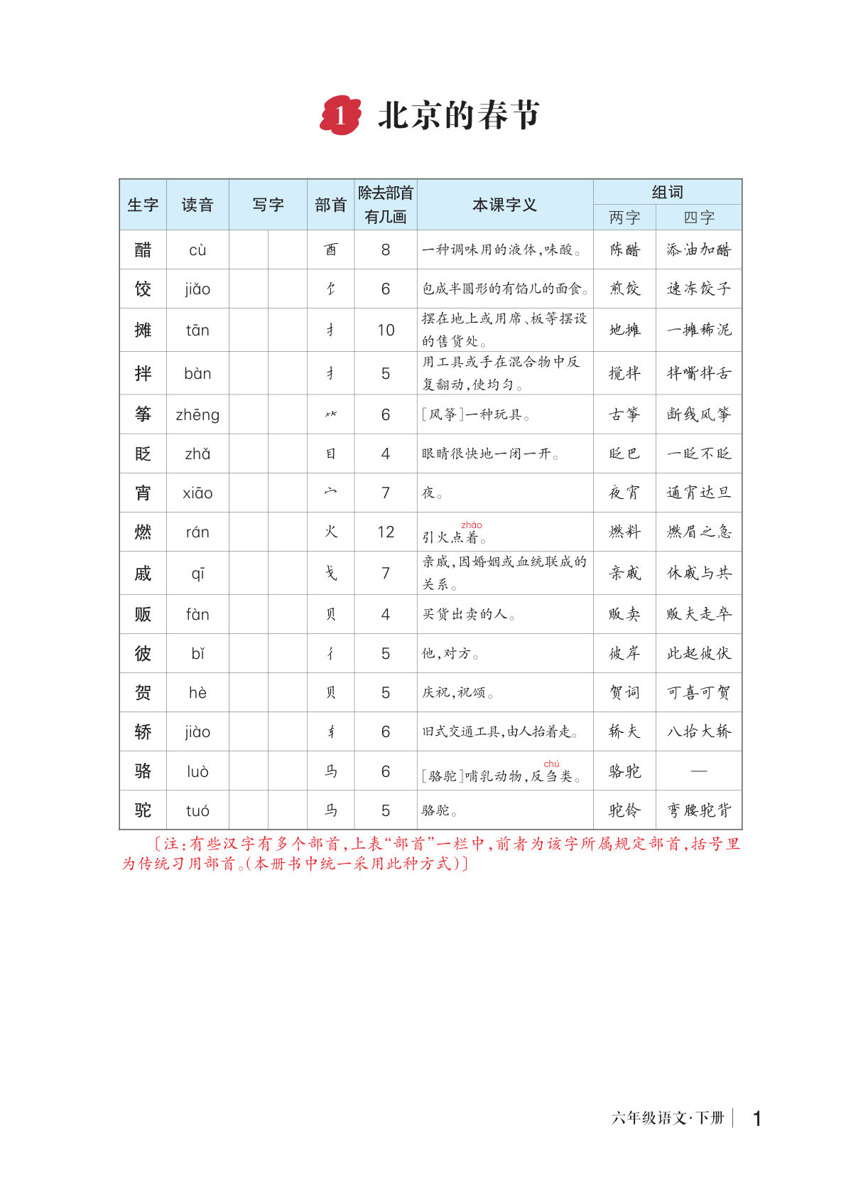 26春版六年级下册语文生字预习单参考答案