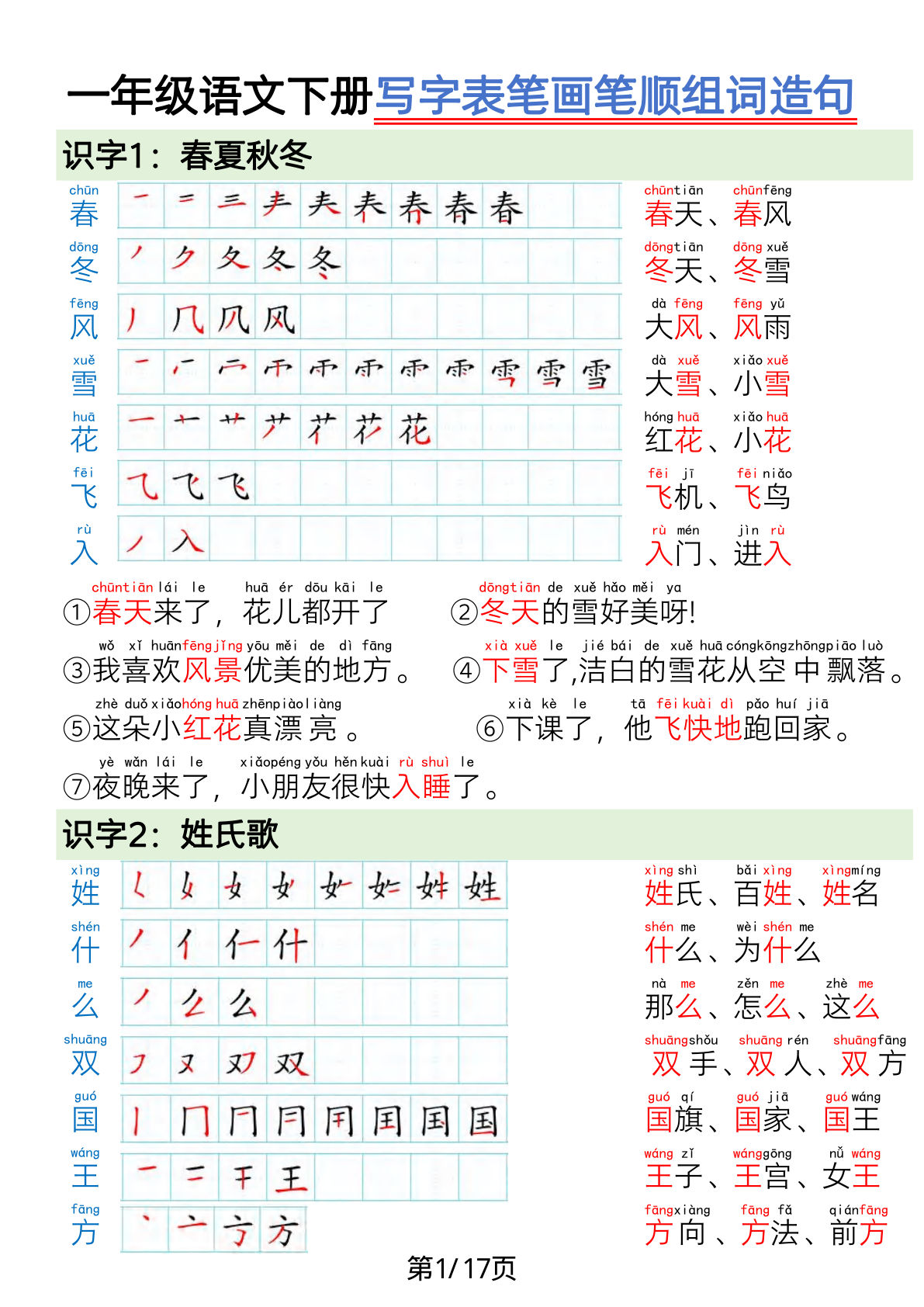 一年级下册语文 写字表笔画笔顺组词造句