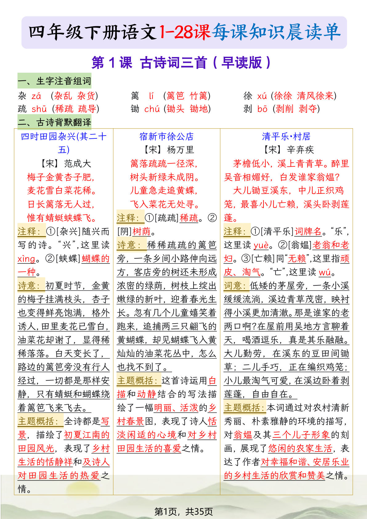 四年级下册语文1-28课每课知识晨读单（35页）