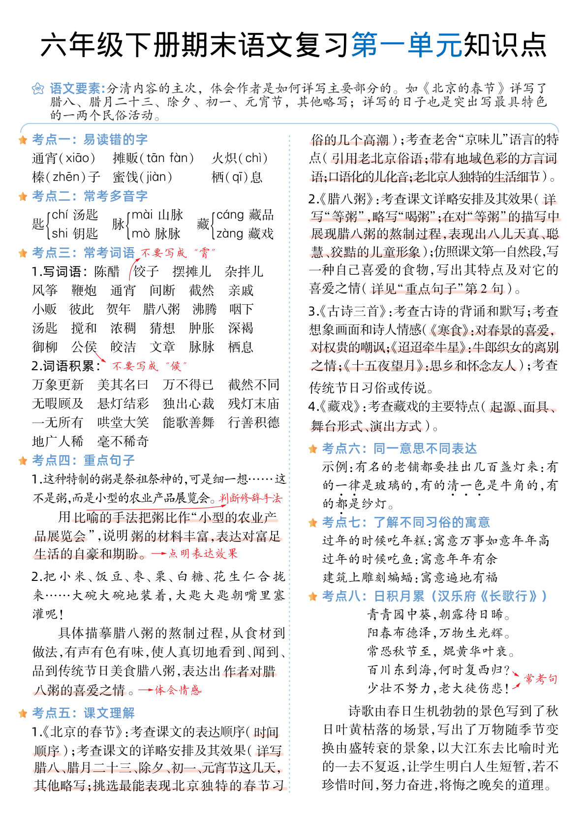 六年级下册丨语文 1-6单元单元知识点