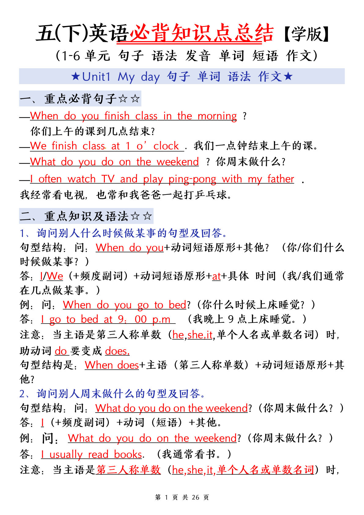 五年级下册英语人教PEP版知识点归纳