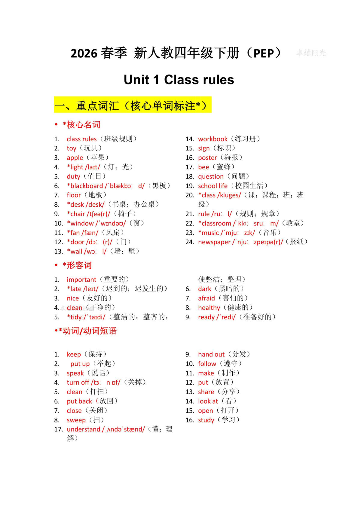 26春英语四年级下册U1-U6知识清单人教PEP版59页