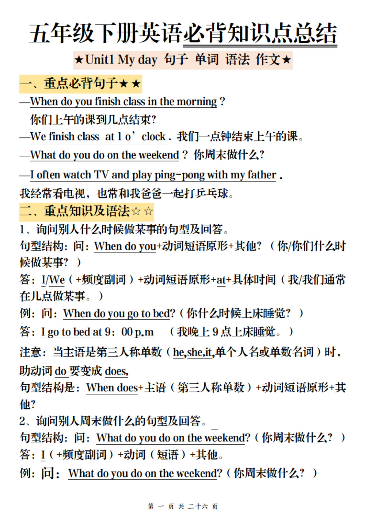 五年级英语下册+知识点归纳+人教PEP版