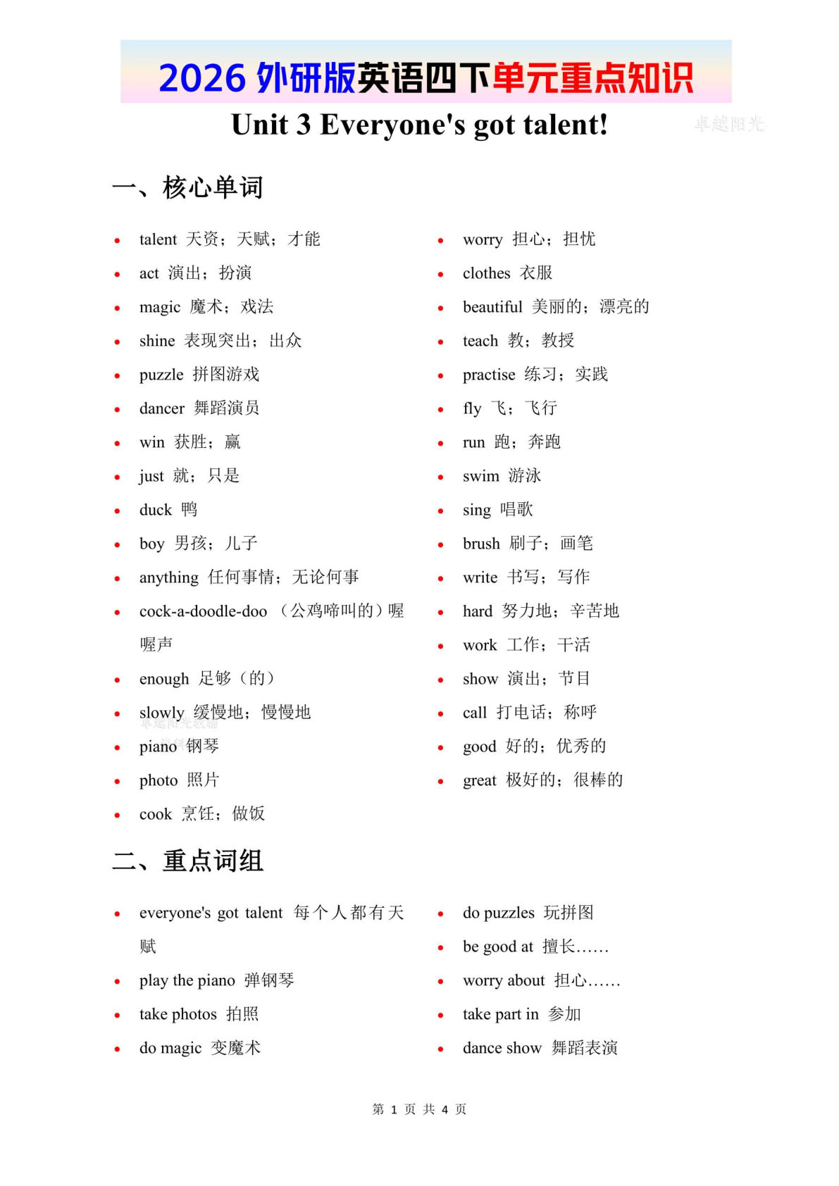 2026春外研版英语四年级下册单元重点知识 Unit 3