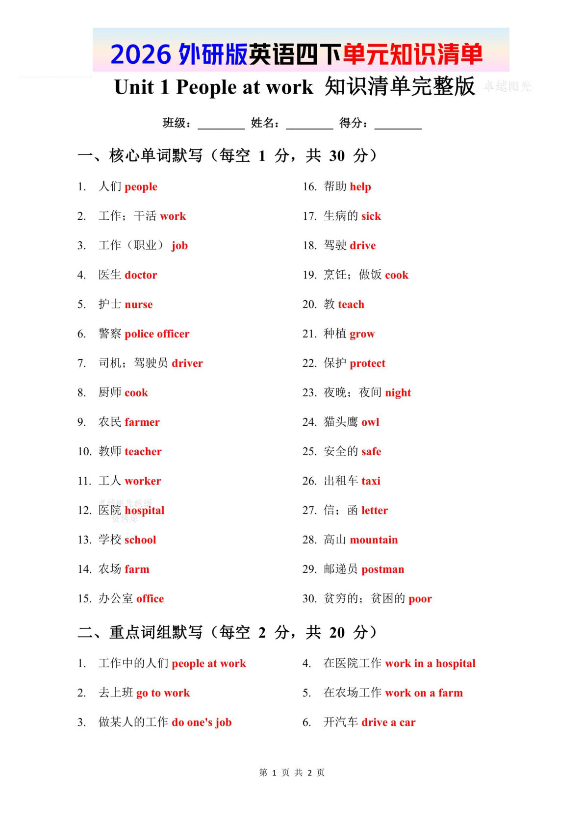 2026春外研版英四年级下册语知识清单【完整版】