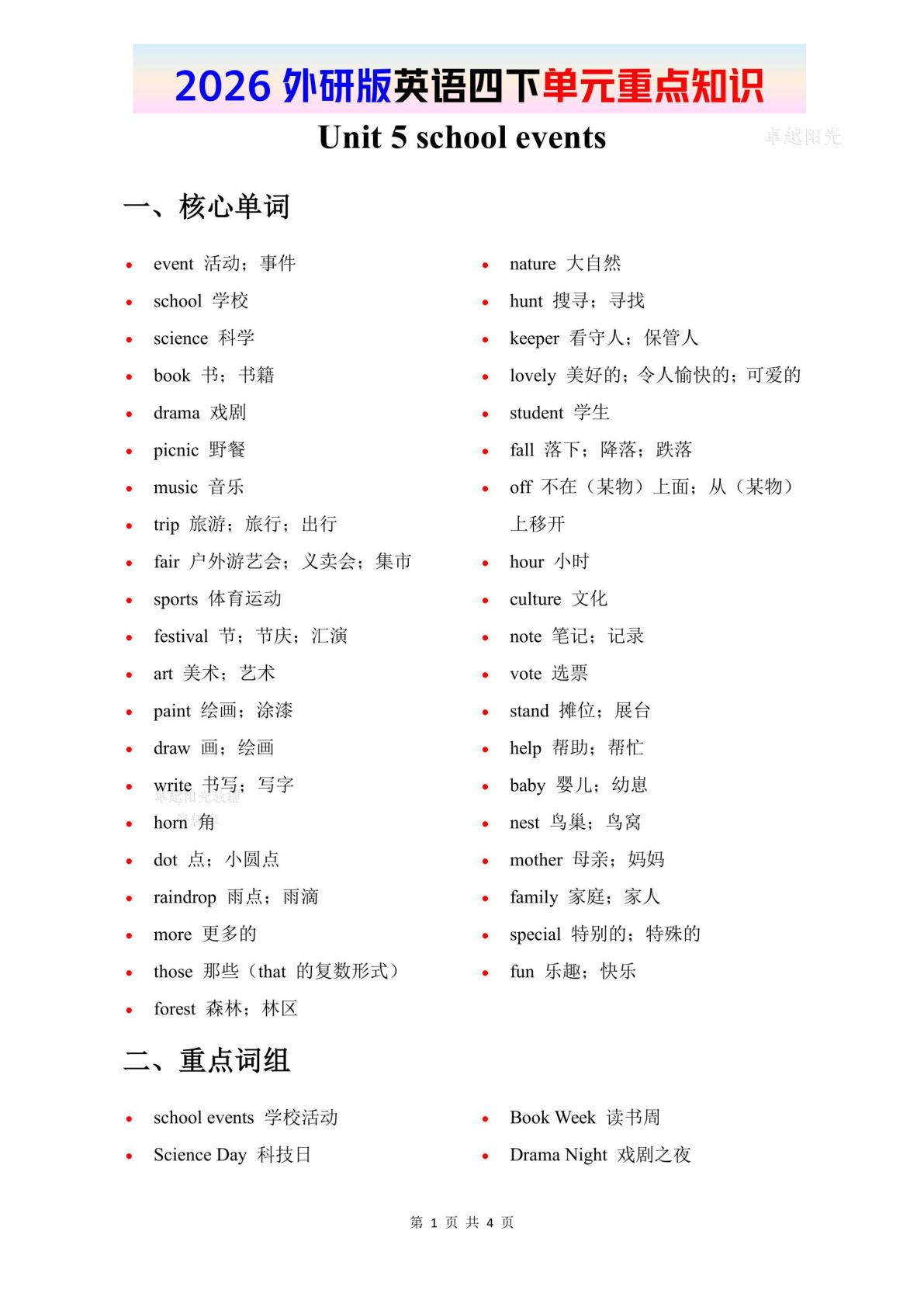 2026春外研版英语四年级下册单元重点知识 Unit 5