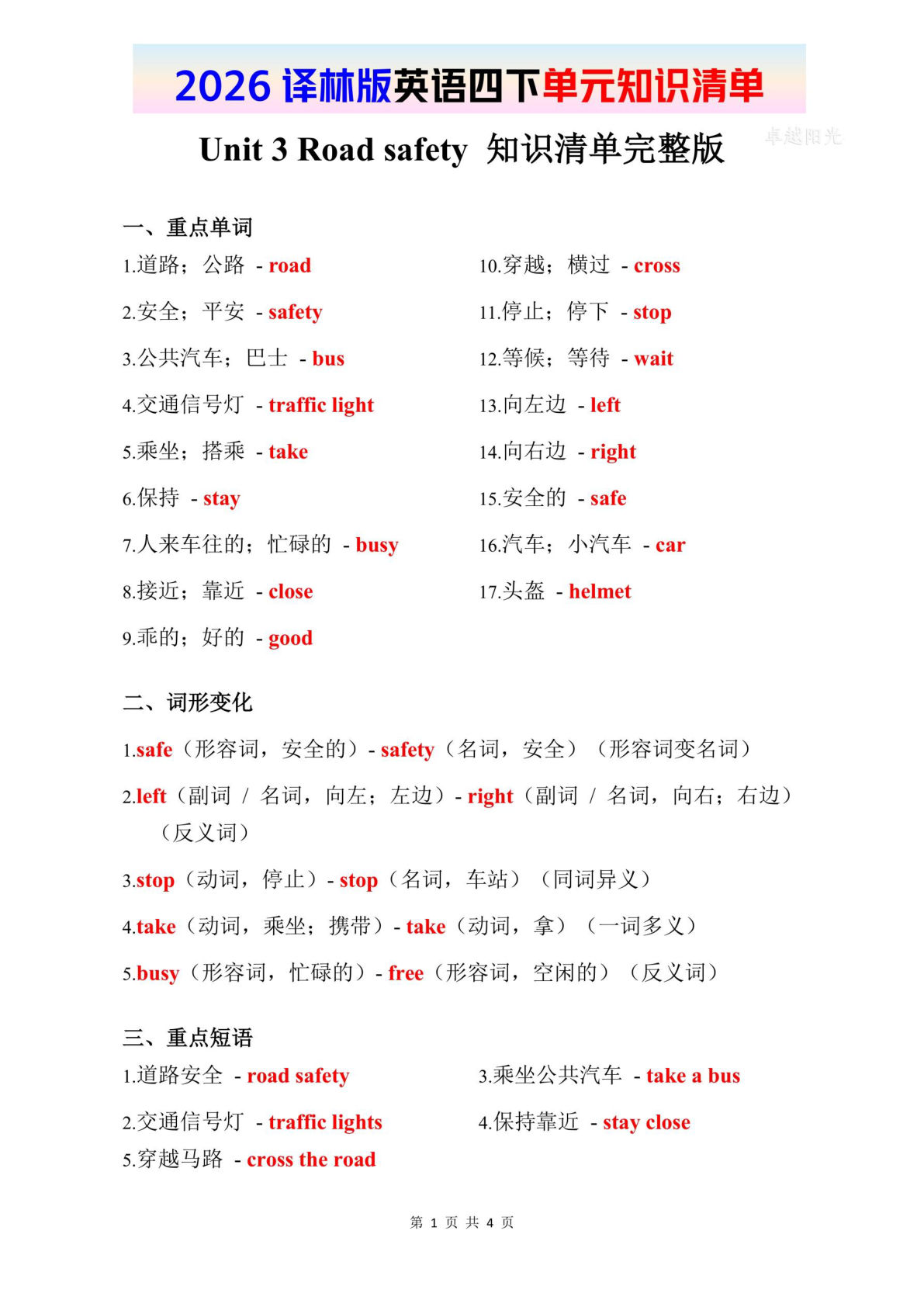 2026春译林版英语四年级下册知识清单 Unit 3