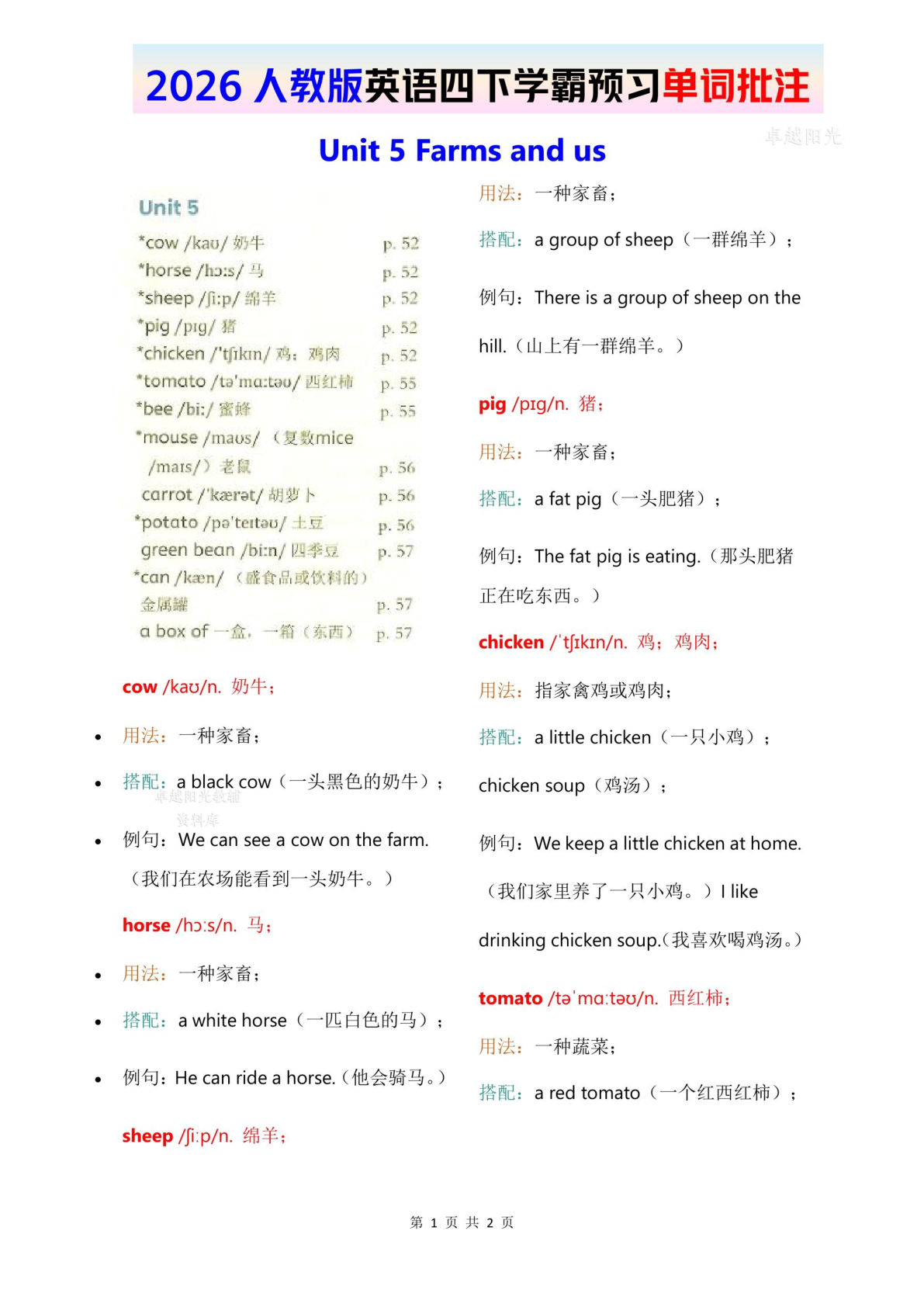 2026春人教版英语四年级下册单词批注（Unit 5）