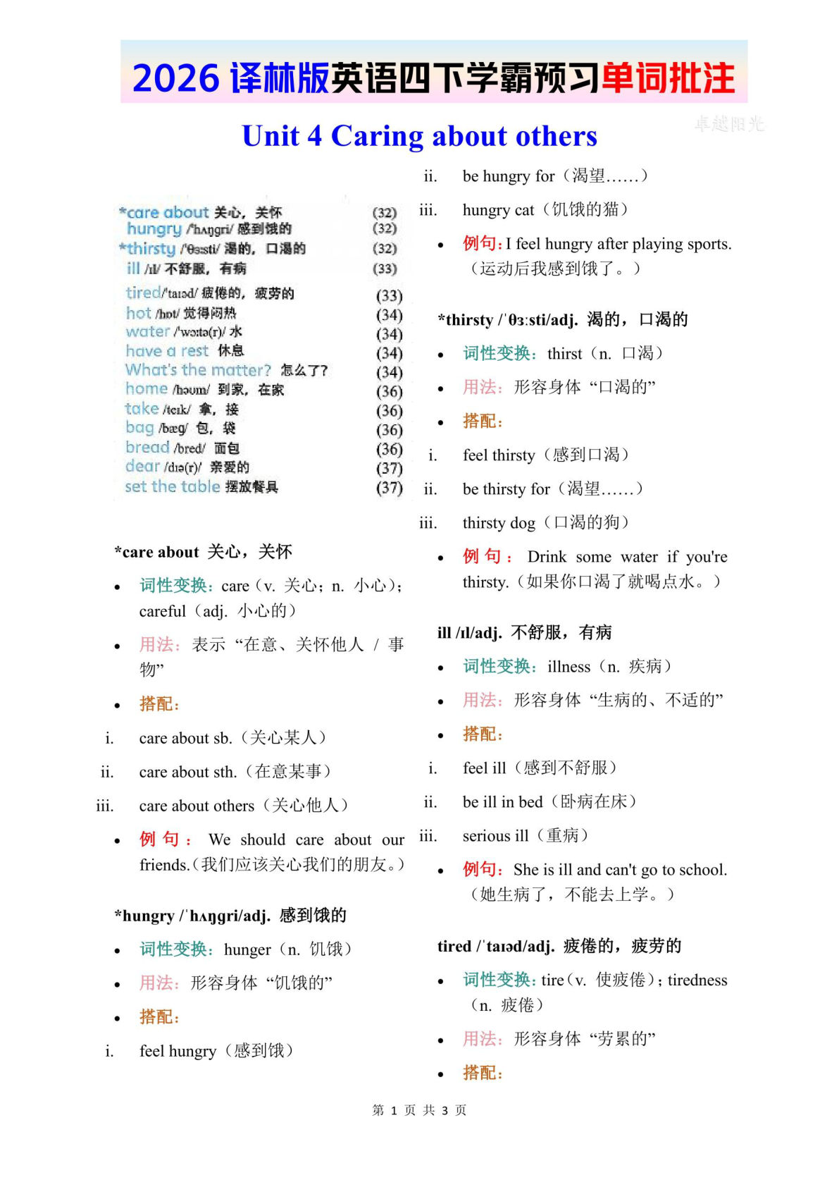 2026春译林版英语四年级下册单词批注-Unit 4