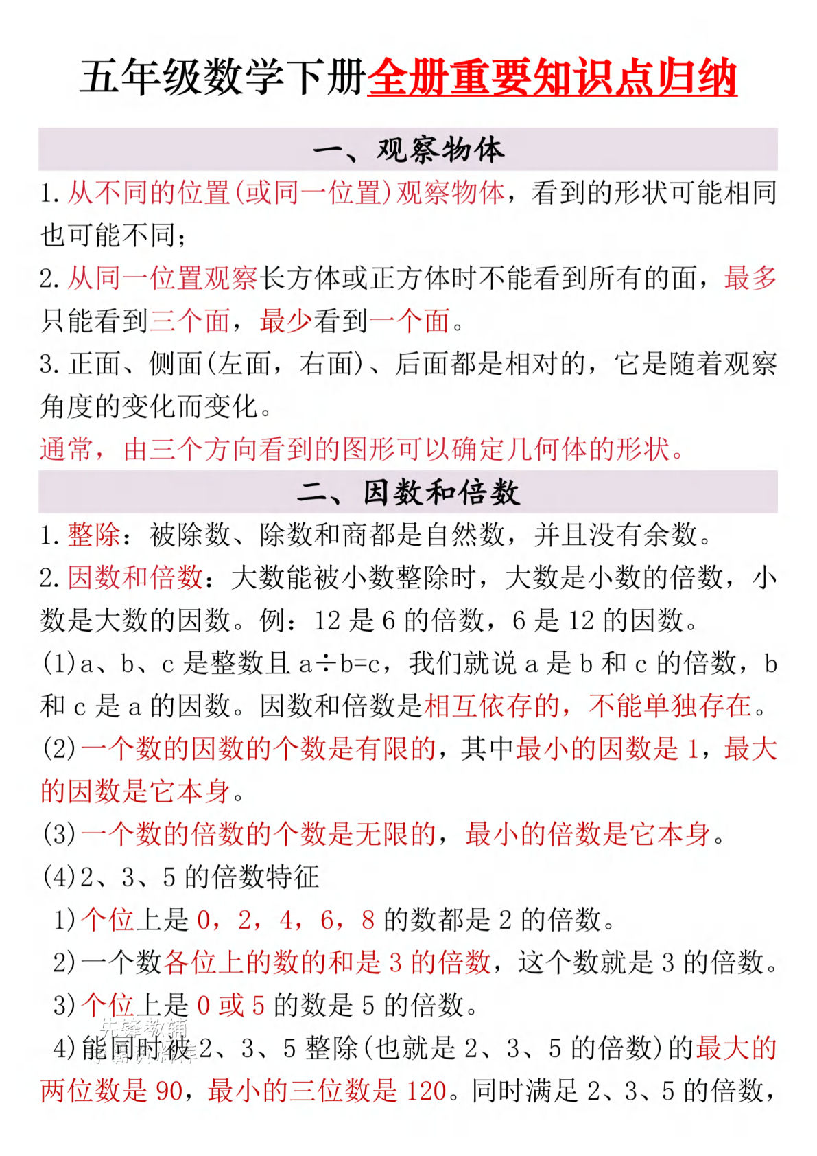 26春五年级下册人教数学《寒假预习全册重要知识点归纳》