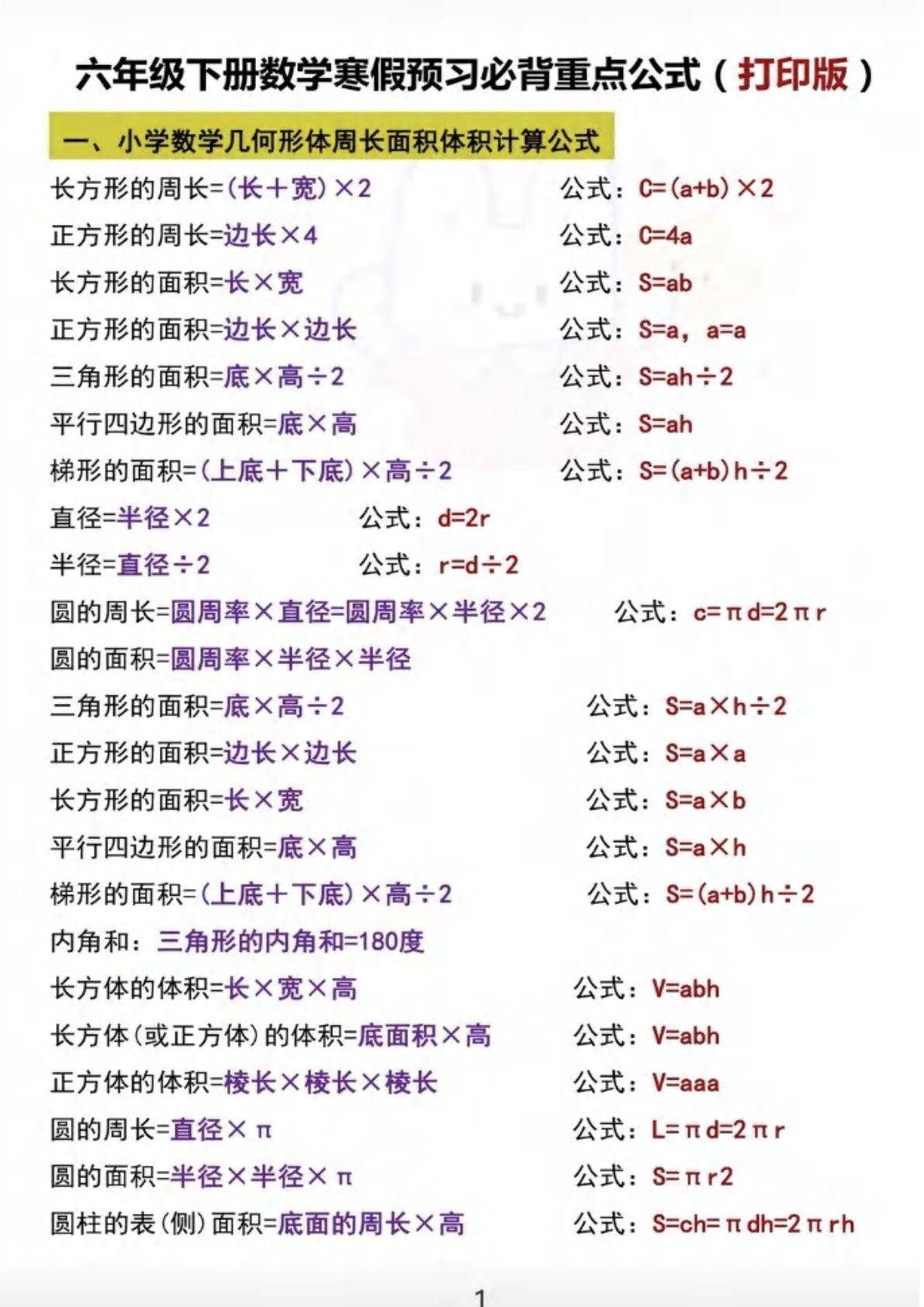六年级下册数学必背公式