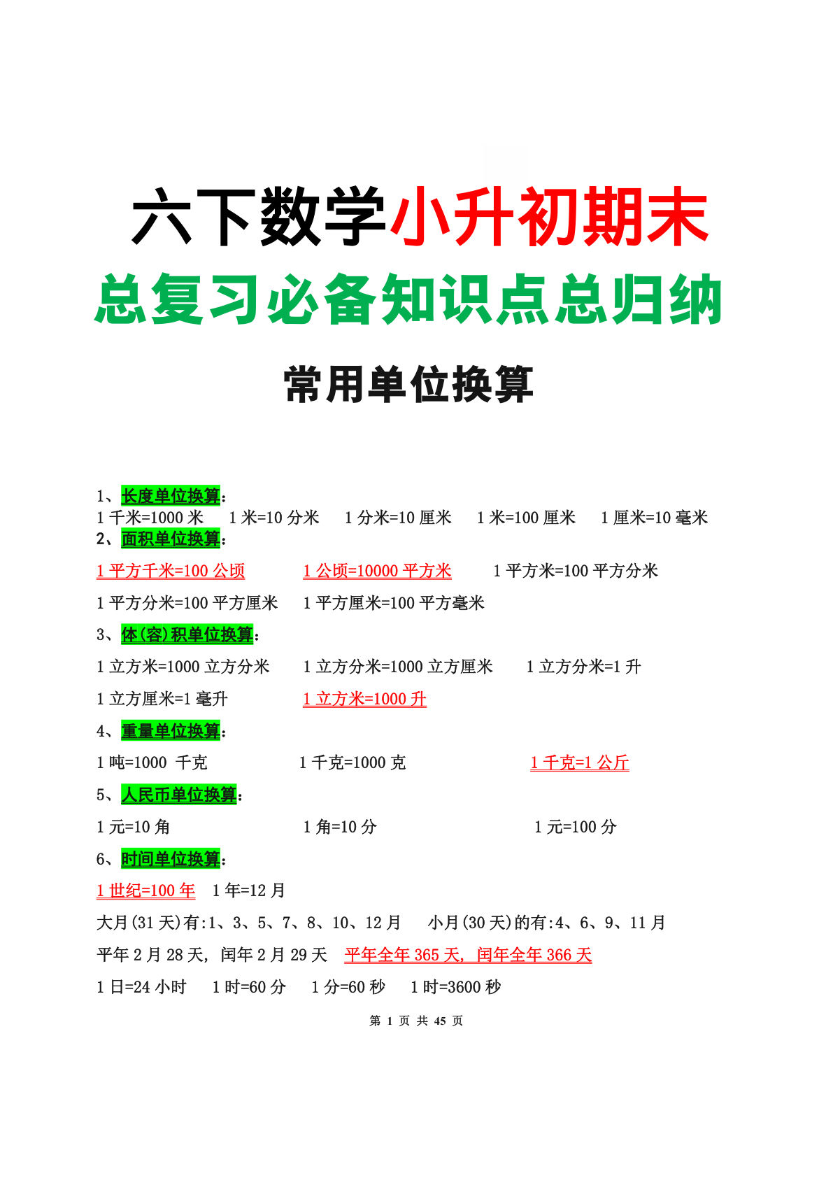 2026春六年级下册数学小升初总复习总归纳（45页完整版）