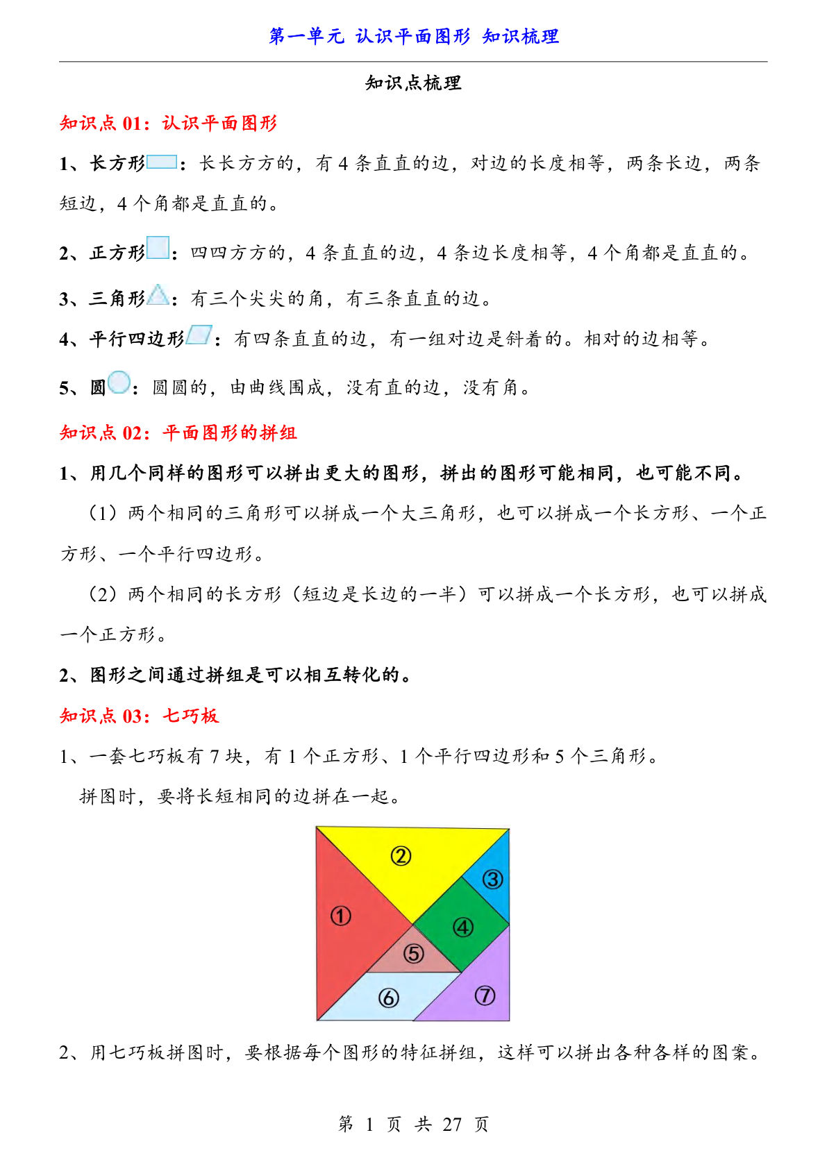 【一年级下册数学】人教版第1单元 认识平面图形（知识梳理）