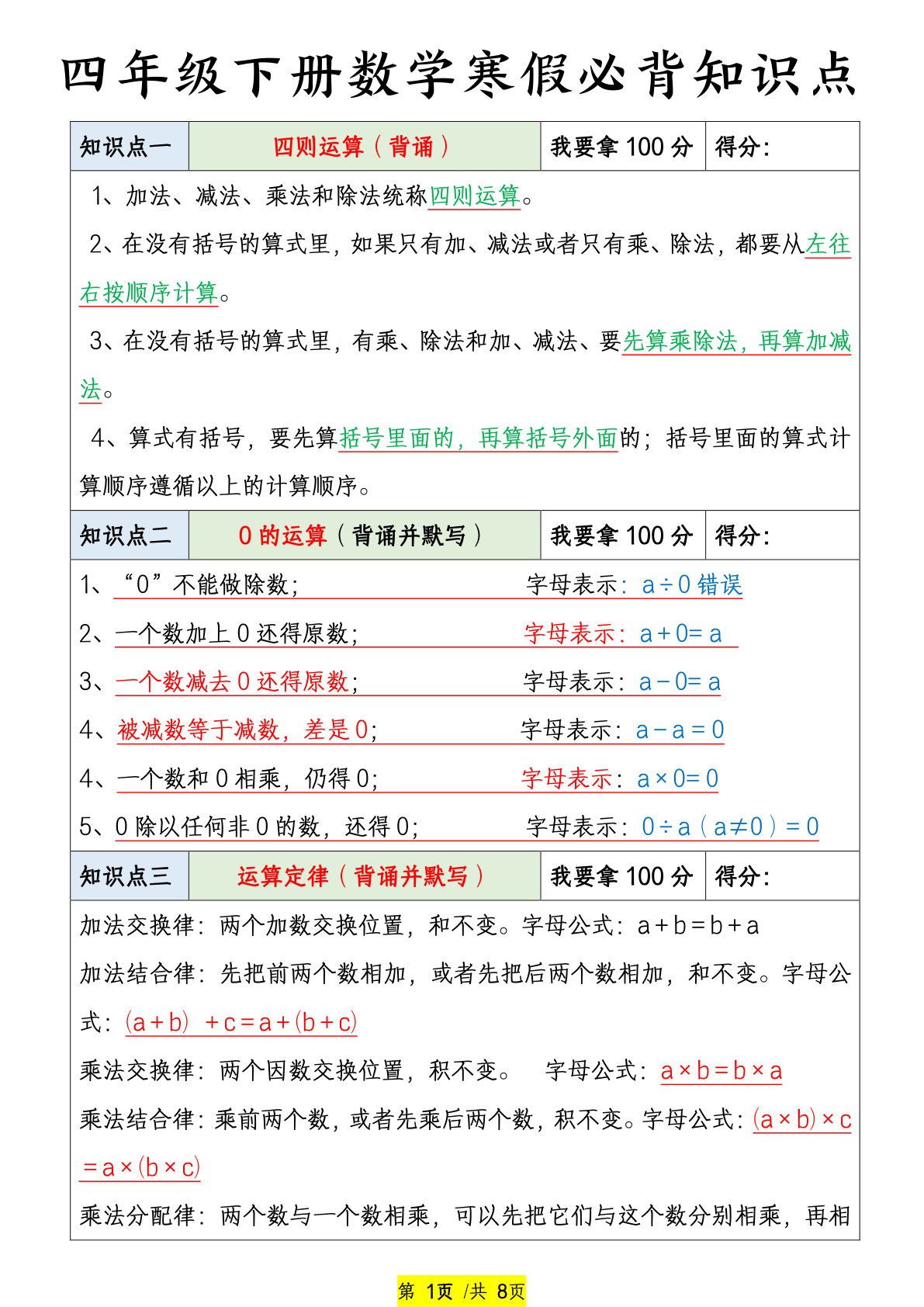 四年级下册数学寒假预习必背知识点