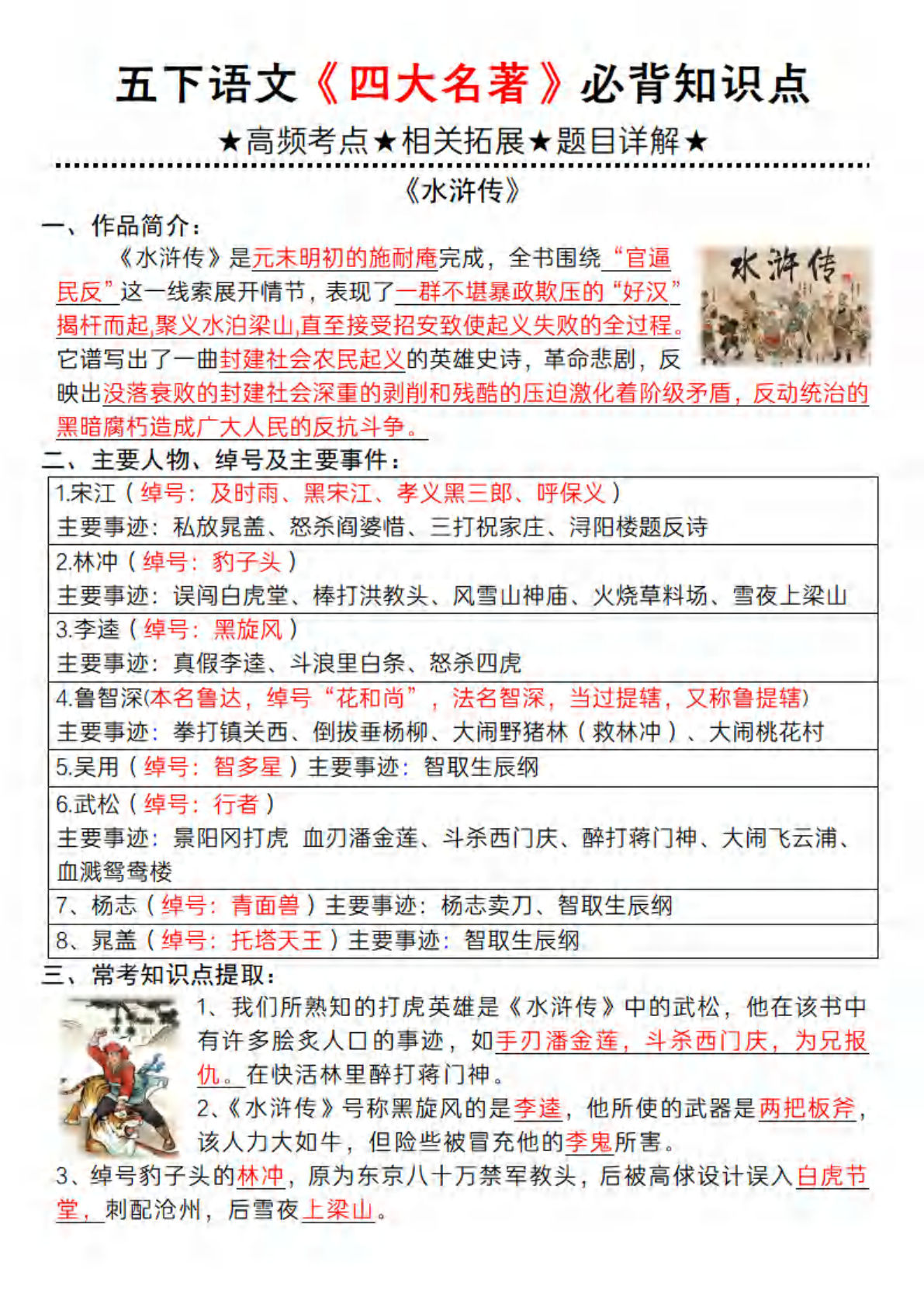 五年级下册语文《四大名著》必背知识点