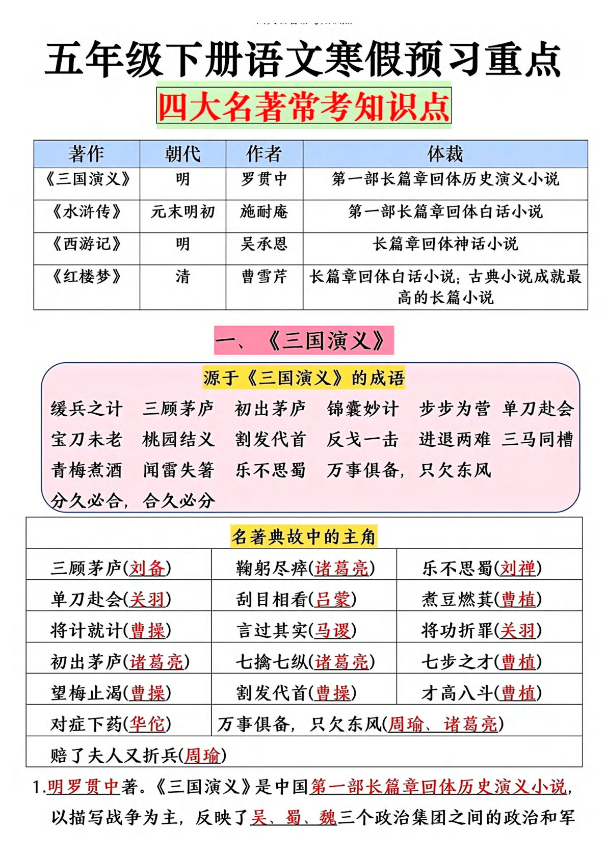 寒假预习五年级下册语文四大名著常考重点