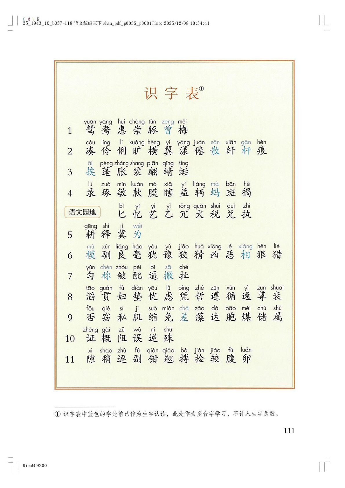 26春三年级下册语文课后三表（识字表写字表词语表）8页