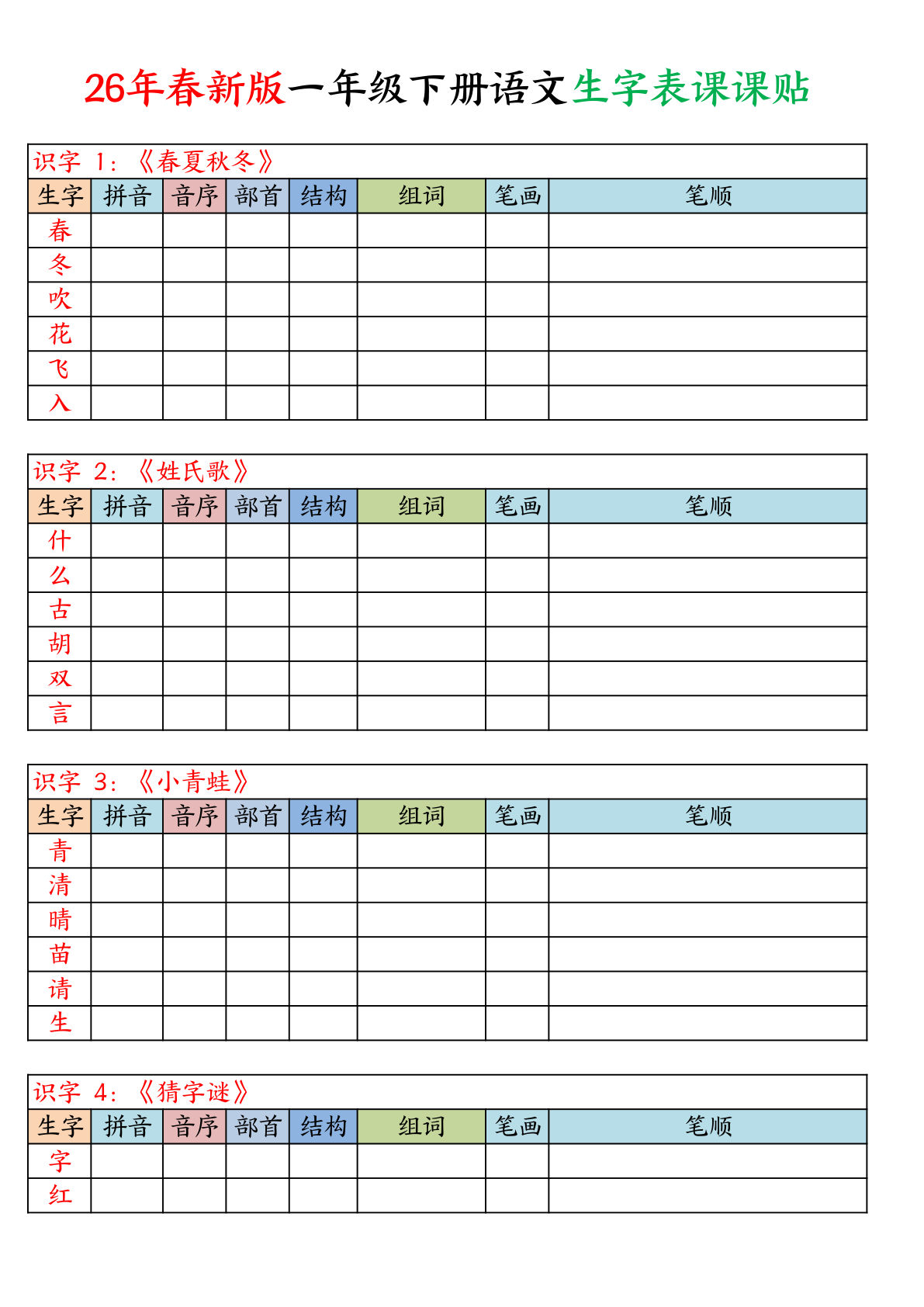一年级下册语文写字表生字课课贴空白