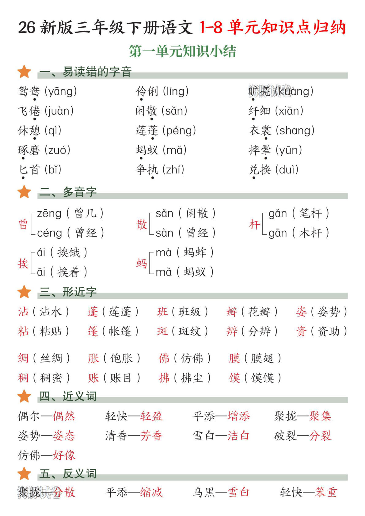 【海豚试卷】三年级下册语文1-8单元知识点归纳