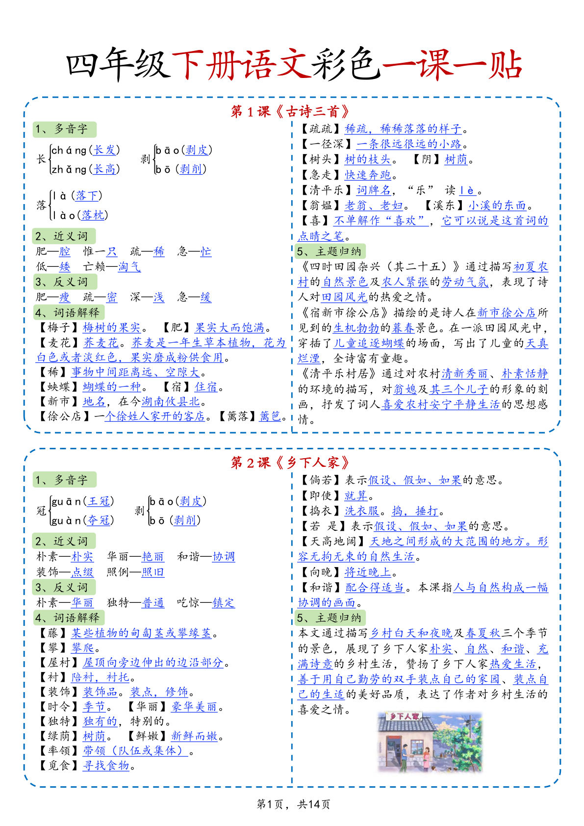 四年级下册语文彩色一课一贴课课贴（14页）