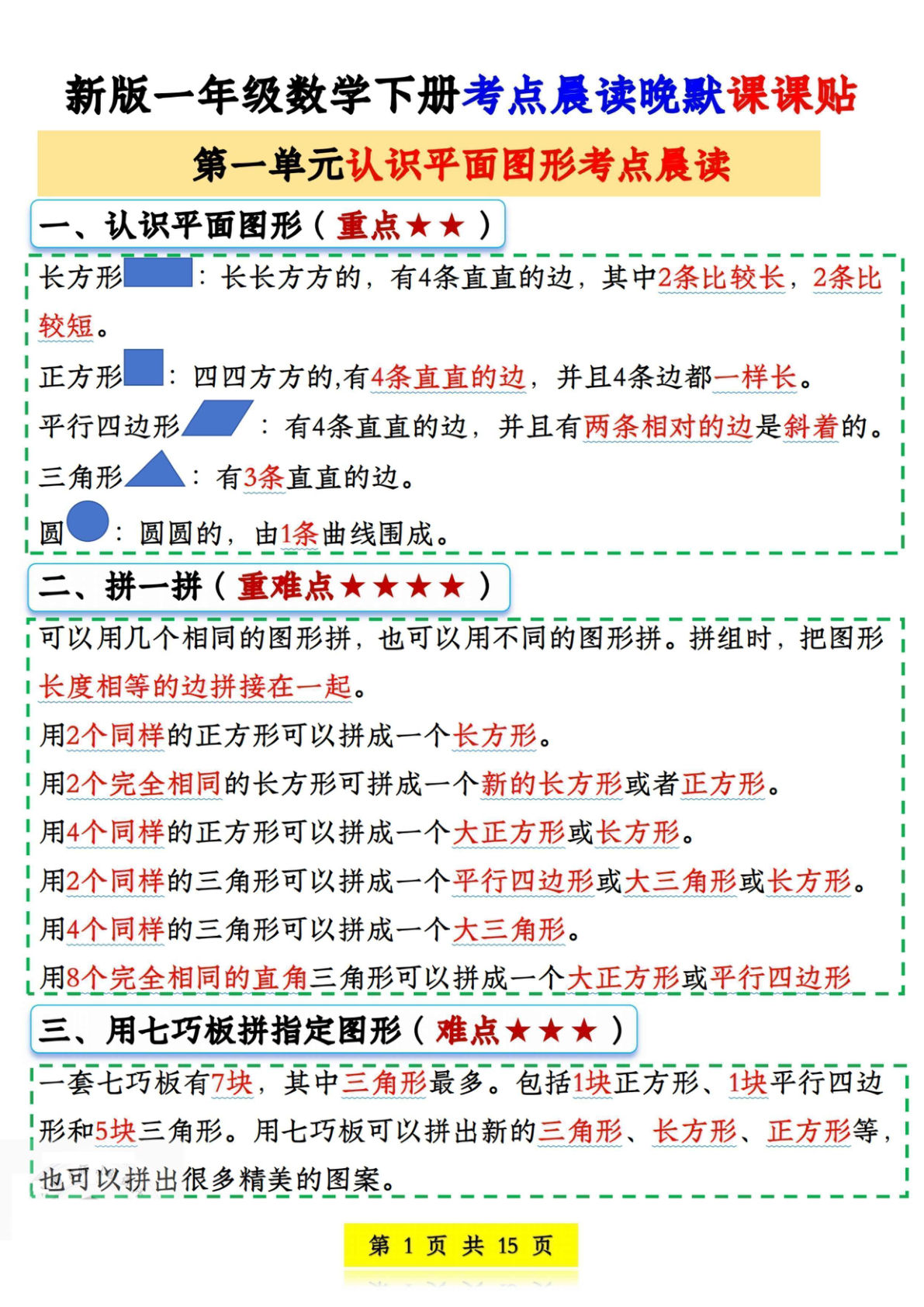 新一年级下册数学考点晨读晚默课课贴15页