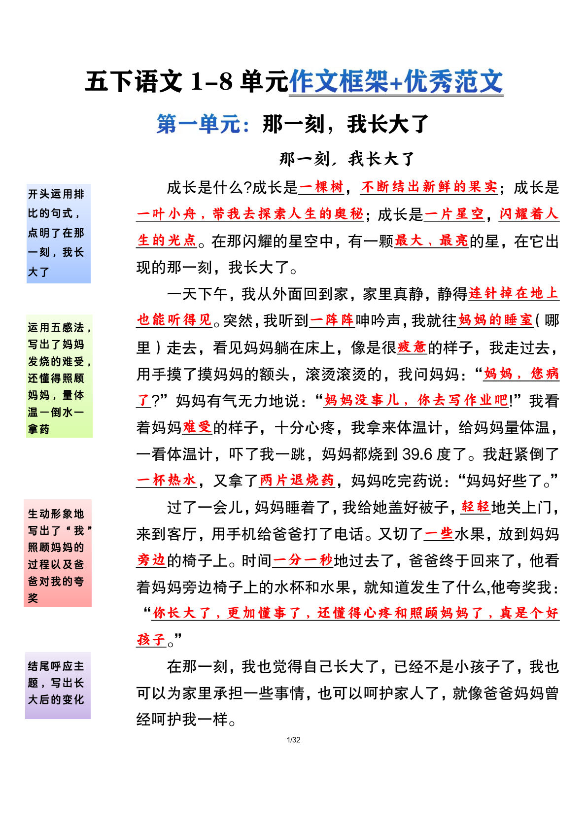 五年级下册1-8单元作文框架指导＋范文