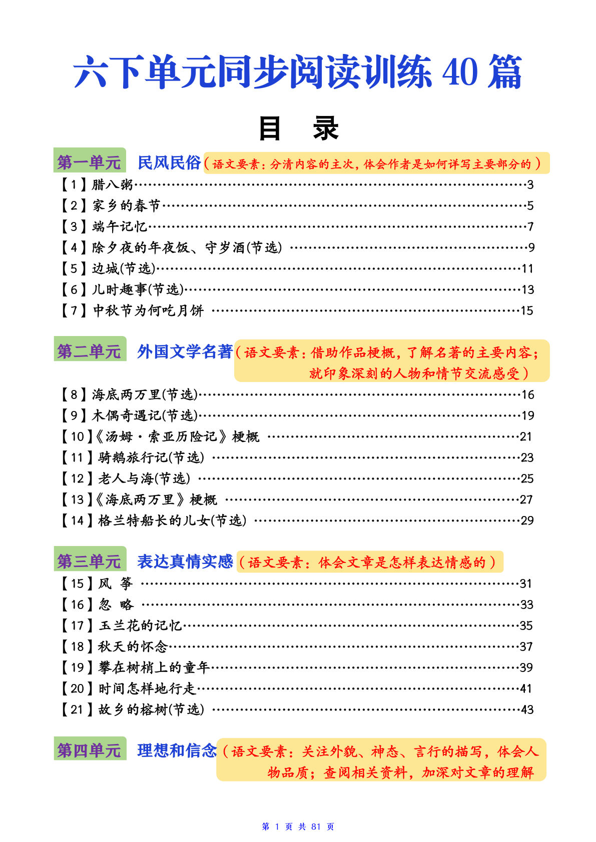 六年级下册语文单元同步阅读理解训练40篇（答案版）