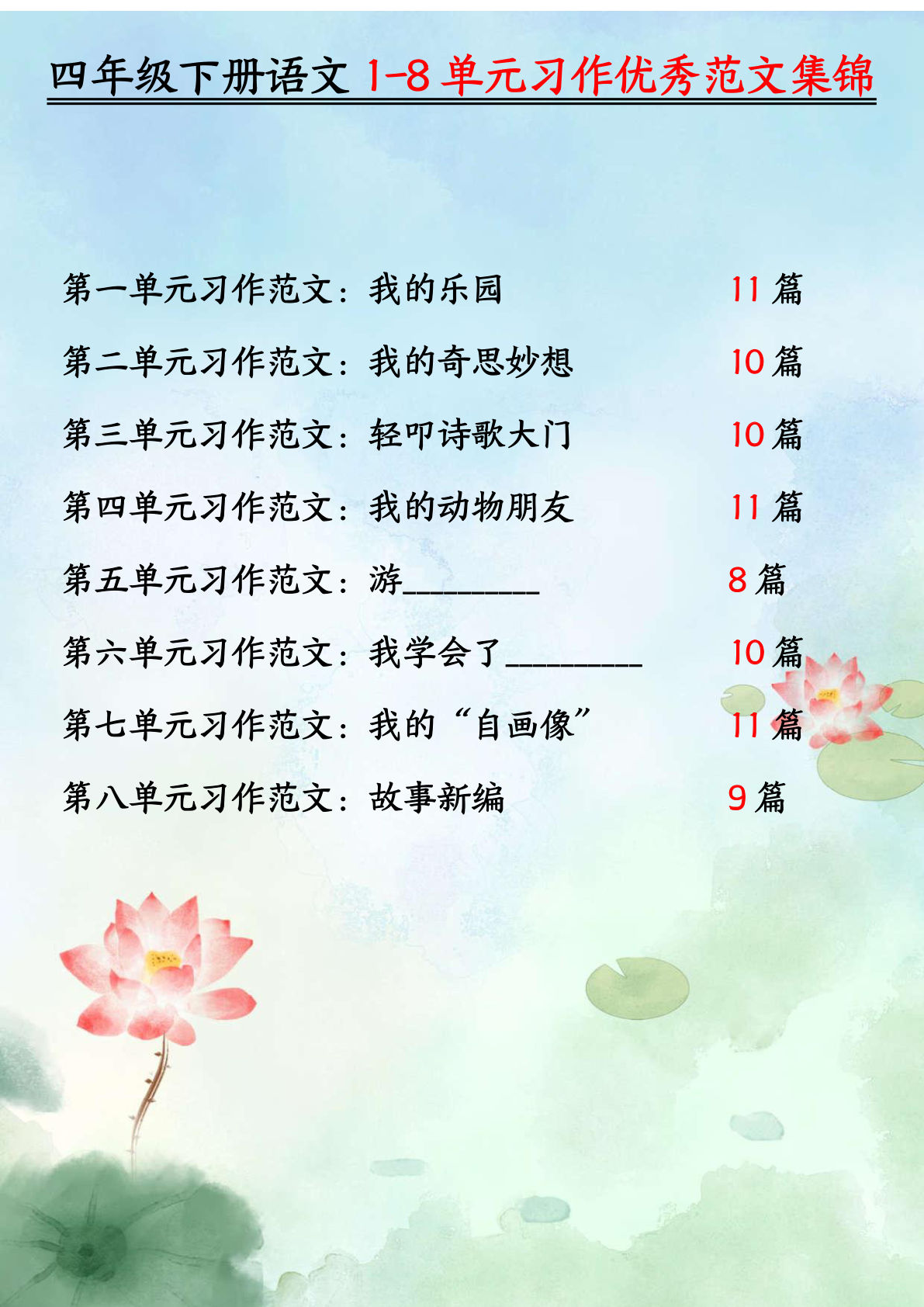 四年级下册语文1-8单元习作优秀范文集锦合集（第一单元）14页