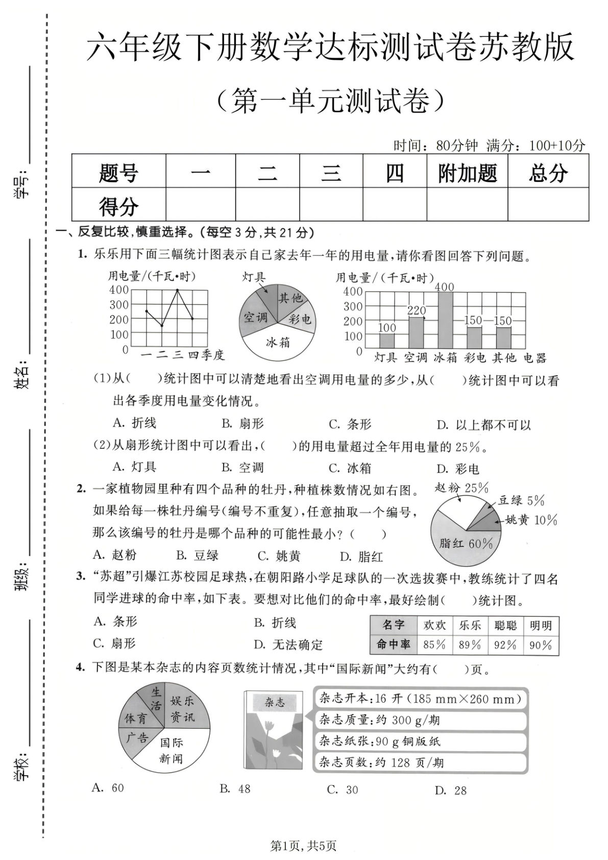 六年级下册数学第一单元达标测试卷《苏教版》