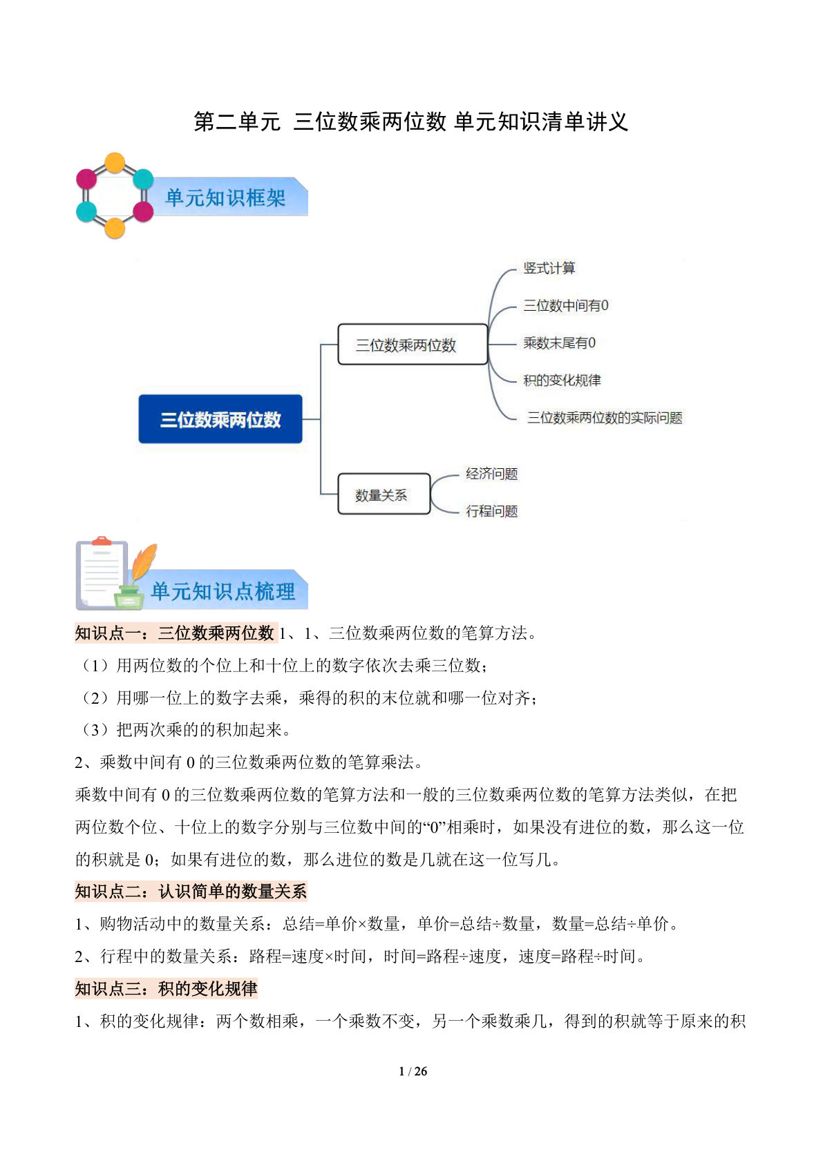 新四年级下册苏教数学知识清单 第二单元  三位数乘两位数（知识清单）数学苏教版四年级下册（解析版）
