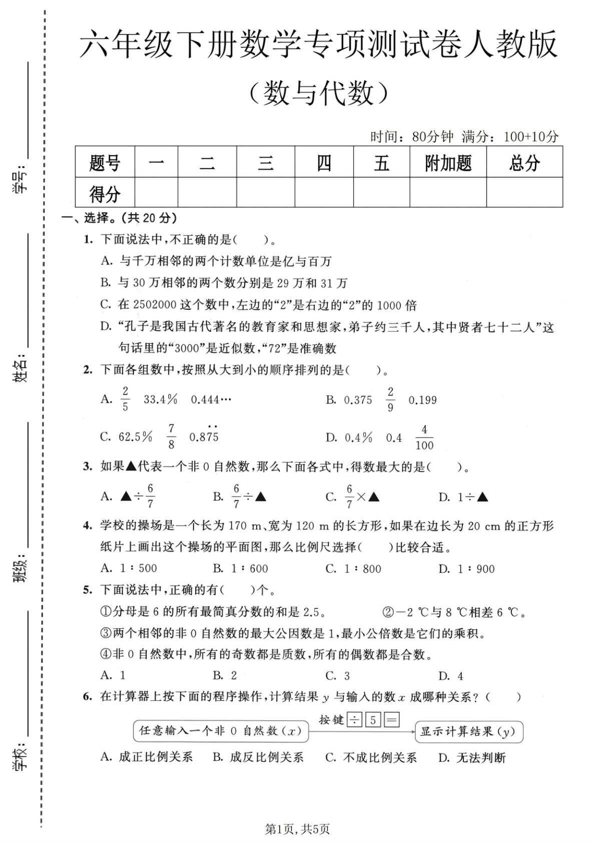 六年级下册数学数与代数专项测试卷《人教版》