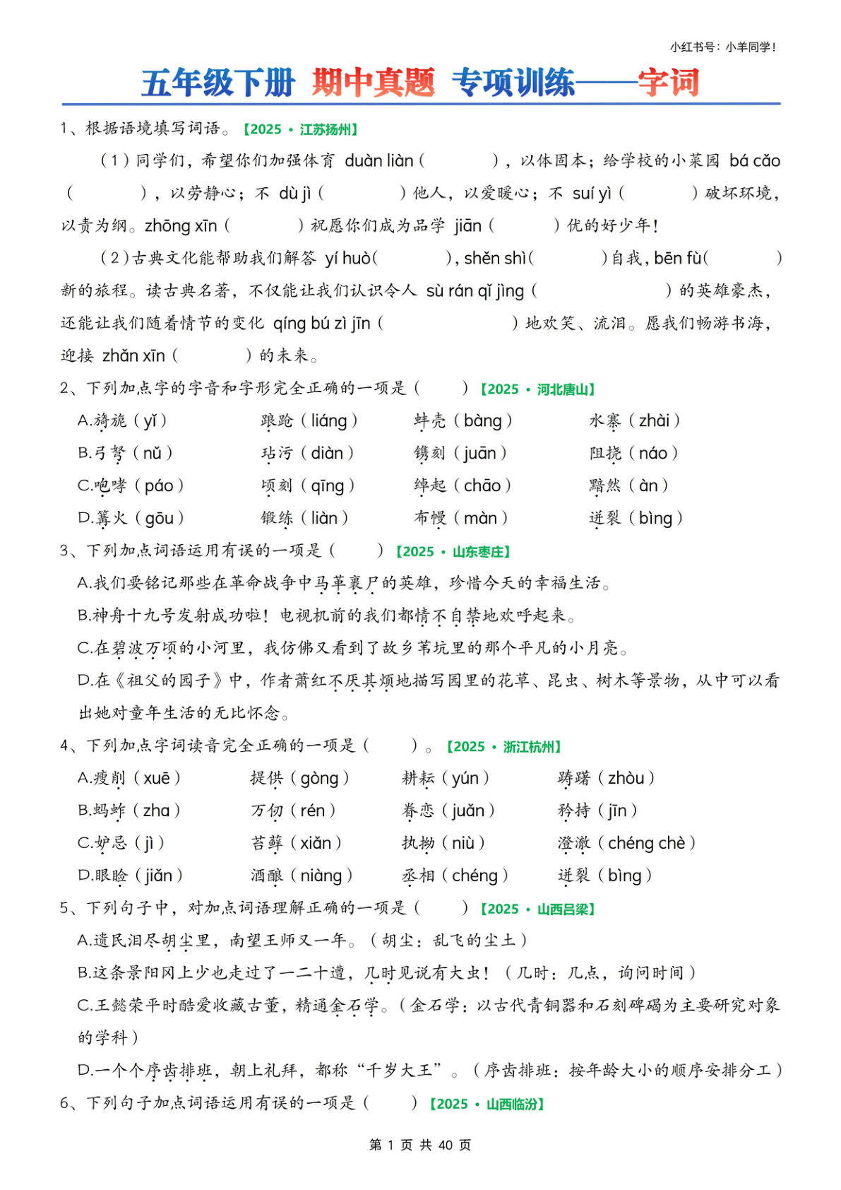 五年级下册语文期中专项练习(空白)40页 (1)