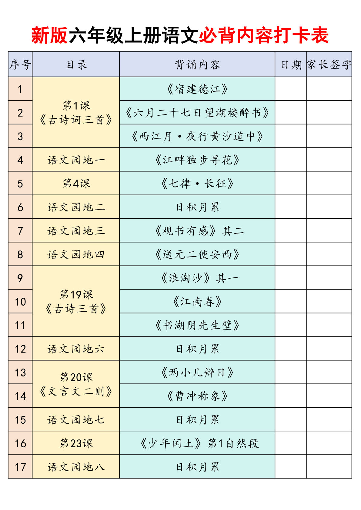 26新六年级上册语文课内必背内容闯关打卡表21页