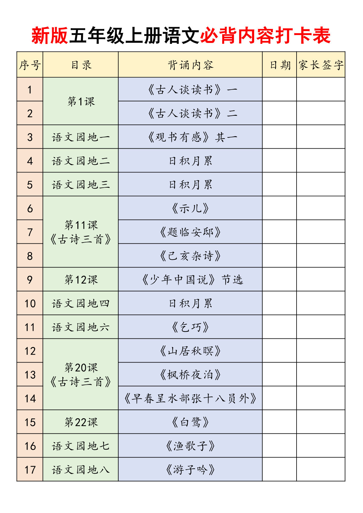 26新五年级上册语文课内必背内容闯关打卡表19页