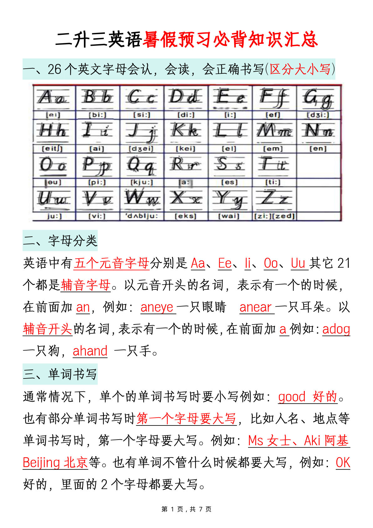 二升三年级英语暑假预习必背知识汇总通用版 (1)