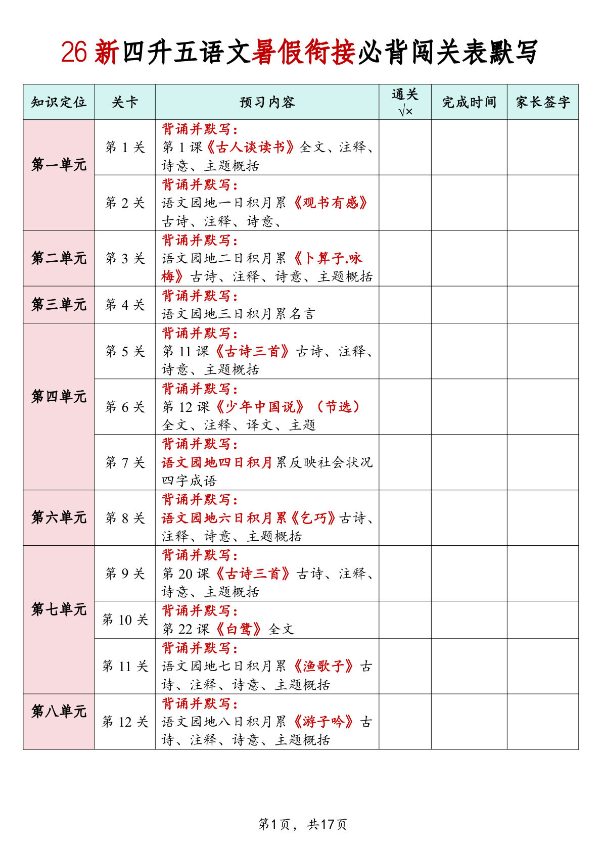 26秋四升五年级语文暑假衔接必背闯关表默写17页